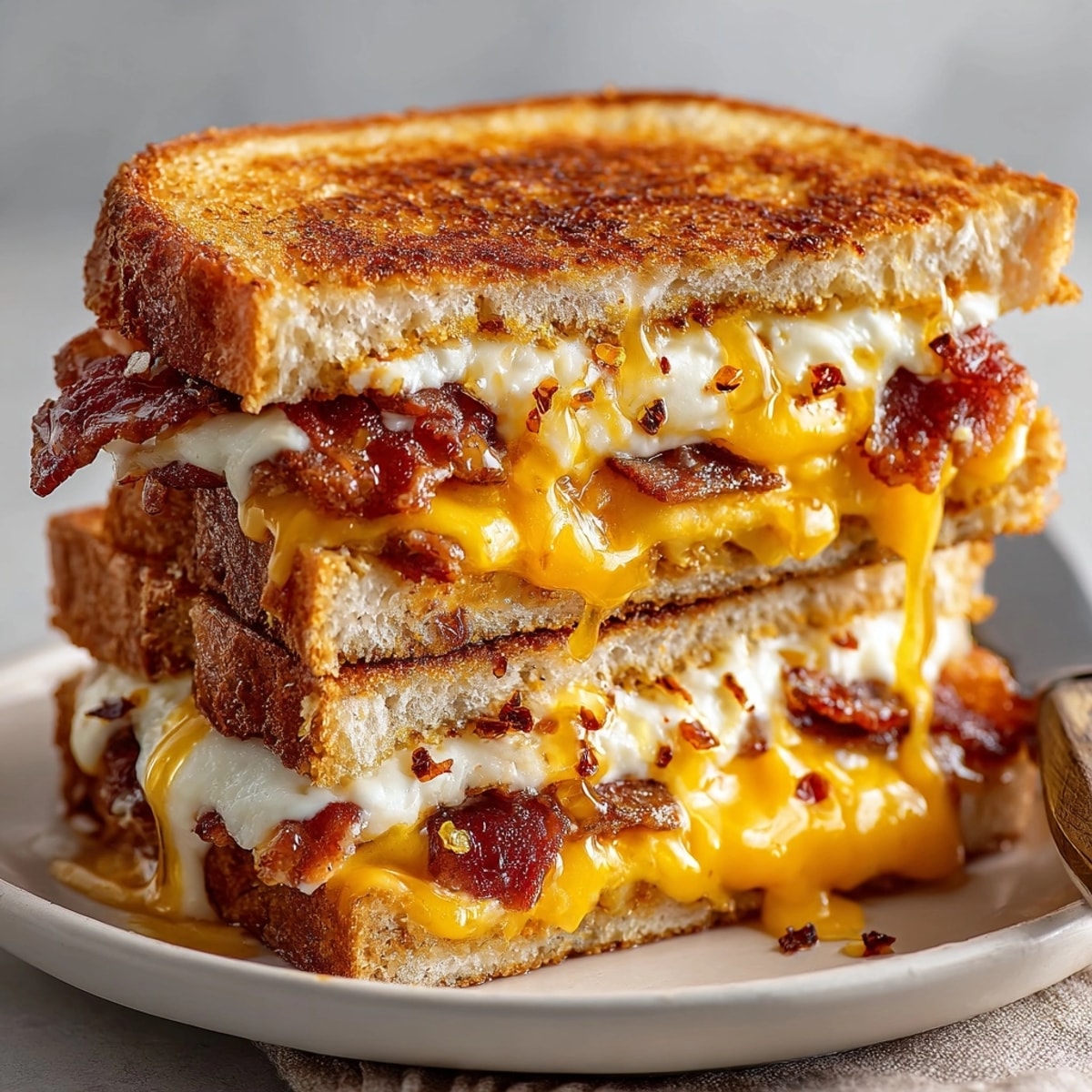 Top-down shot of finished Crispy Bacon Grilled Cheese with Hot Honey beside steaming tomato soup.