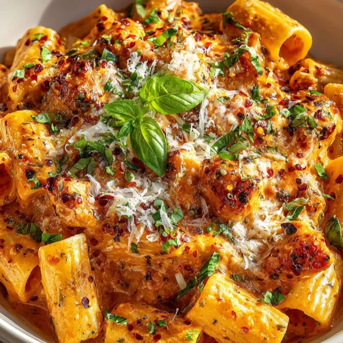 Creamy Spicy Vodka Pasta Express plated with fresh basil and grated Parmesan.