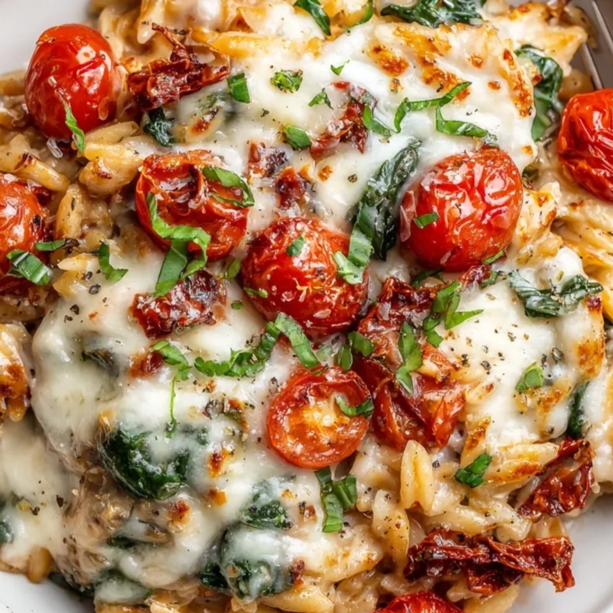 Golden, bubbly Sun-Dried Tomato Orzo Bake right from the oven, dotted with basil.