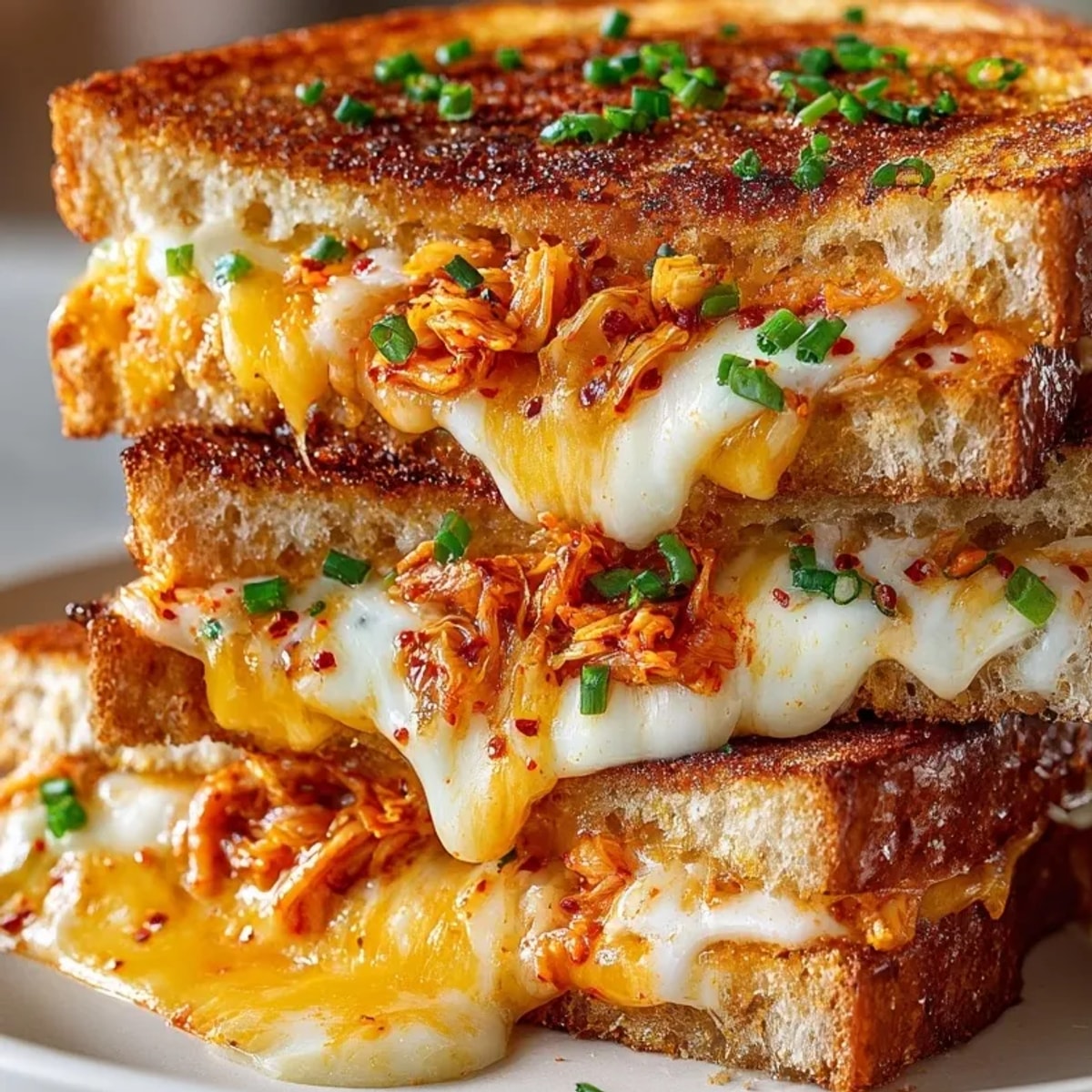 Kimchi grilled cheese fusion: golden brown sourdough, gooey cheese, with spicy, savory kimchi.
