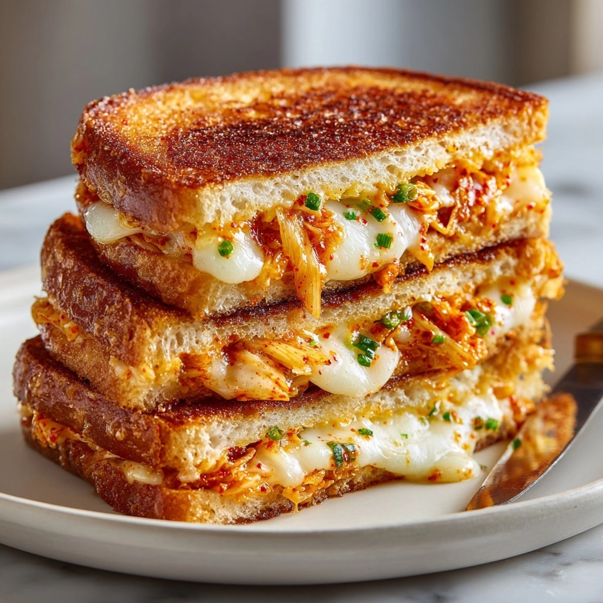 Buttery Kimchi Grilled Cheese Fusion, perfectly browned; tangy, cheesy, irresistibly delicious.
