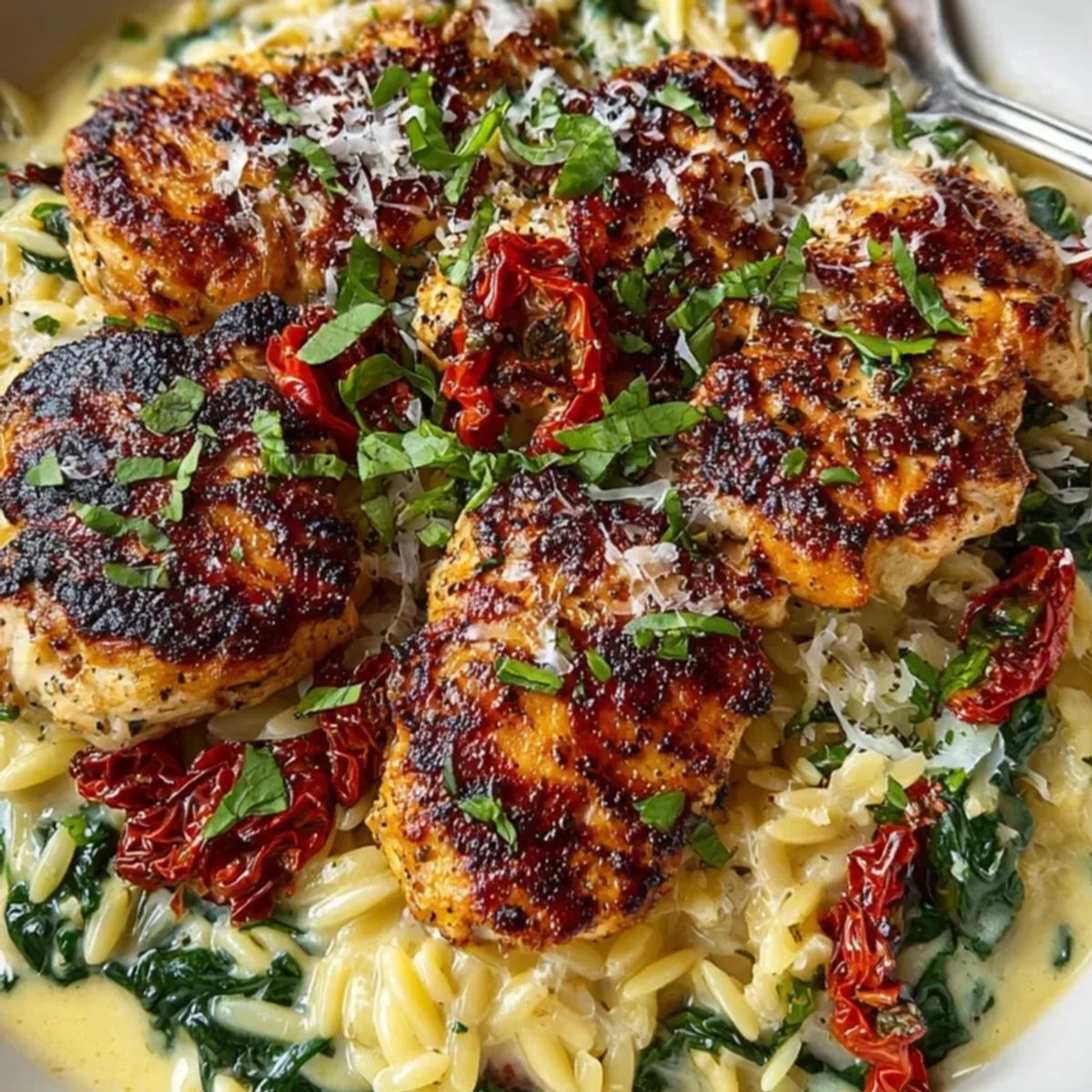 One-Pan Marry Me Chicken Orzo: golden seared chicken nestled in creamy tomato orzo.