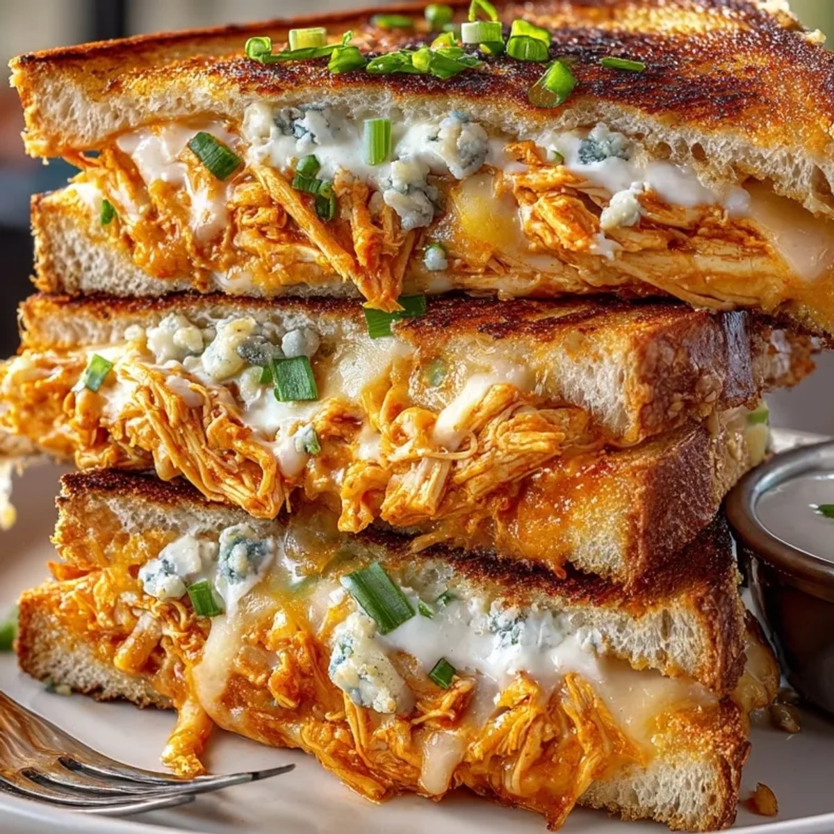 Golden Buffalo Chicken Grilled Cheese sizzling on the griddle, cheddar oozing out.