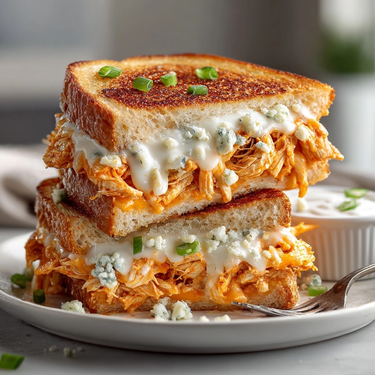 Mouthwatering Buffalo Chicken Grilled Cheese: toasted sourdough filled with buffalo spiced chicken and cheese.