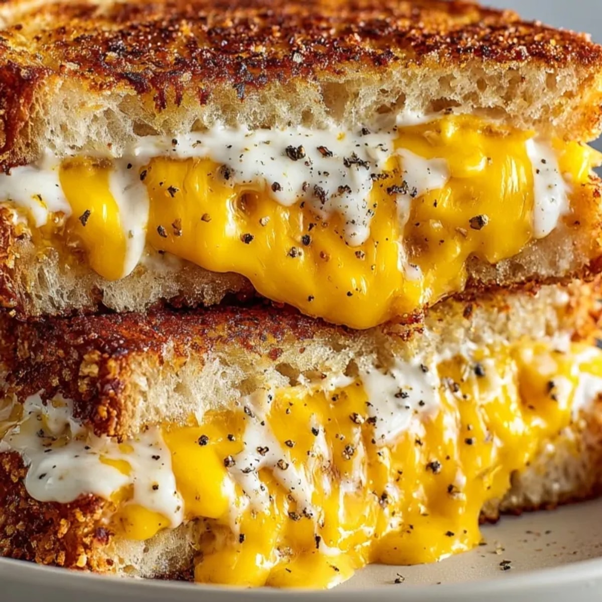 Close-up of a golden Mayo-Crusted Grilled Cheese Hack, melted cheese oozing out.