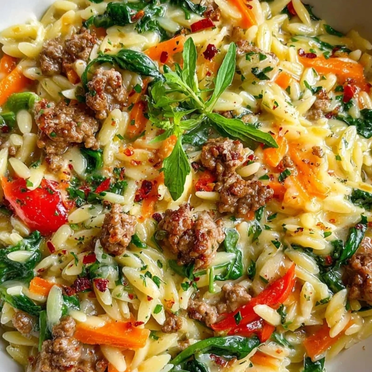 Creamy One-Pot Beef Orzo simmering, a rich and savory comfort food recipe.