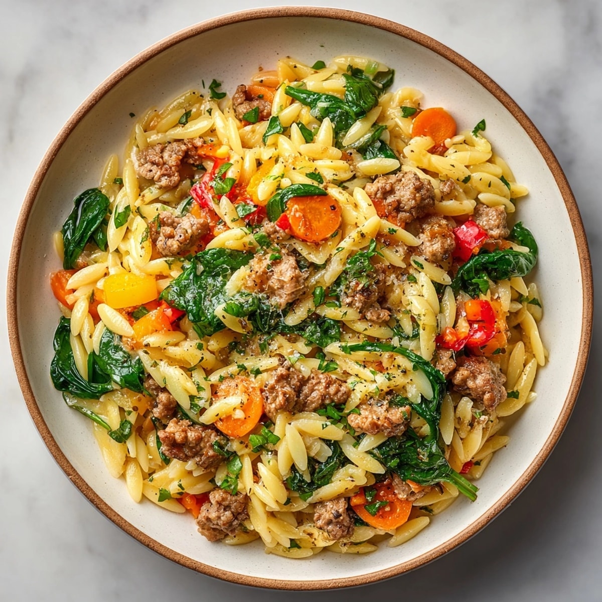 Close-up of One-Pot Creamy Beef Orzo showing pasta and ground beef texture.