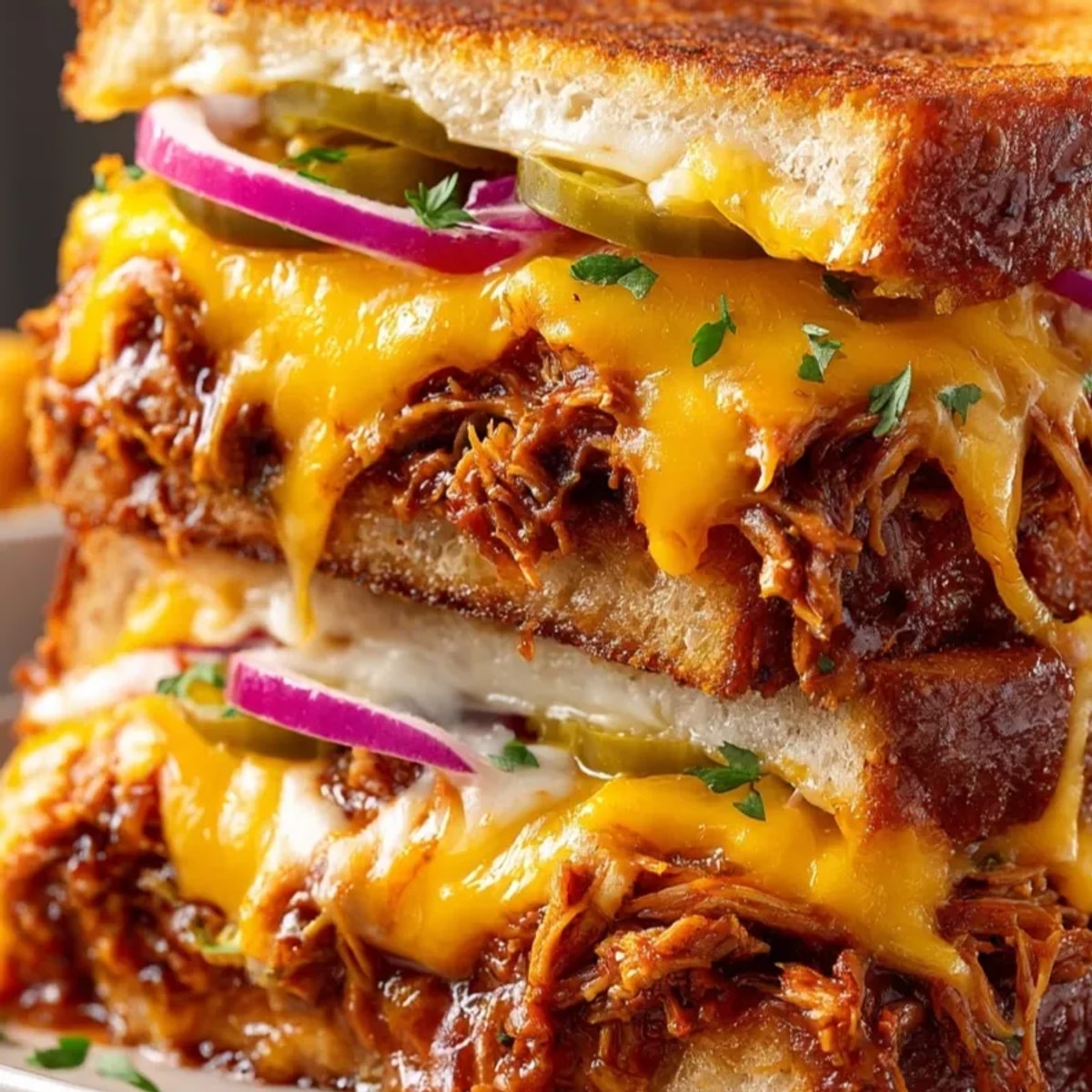Melted cheddar oozes from a BBQ Pulled Pork Grilled Cheese on toasted sourdough bread.