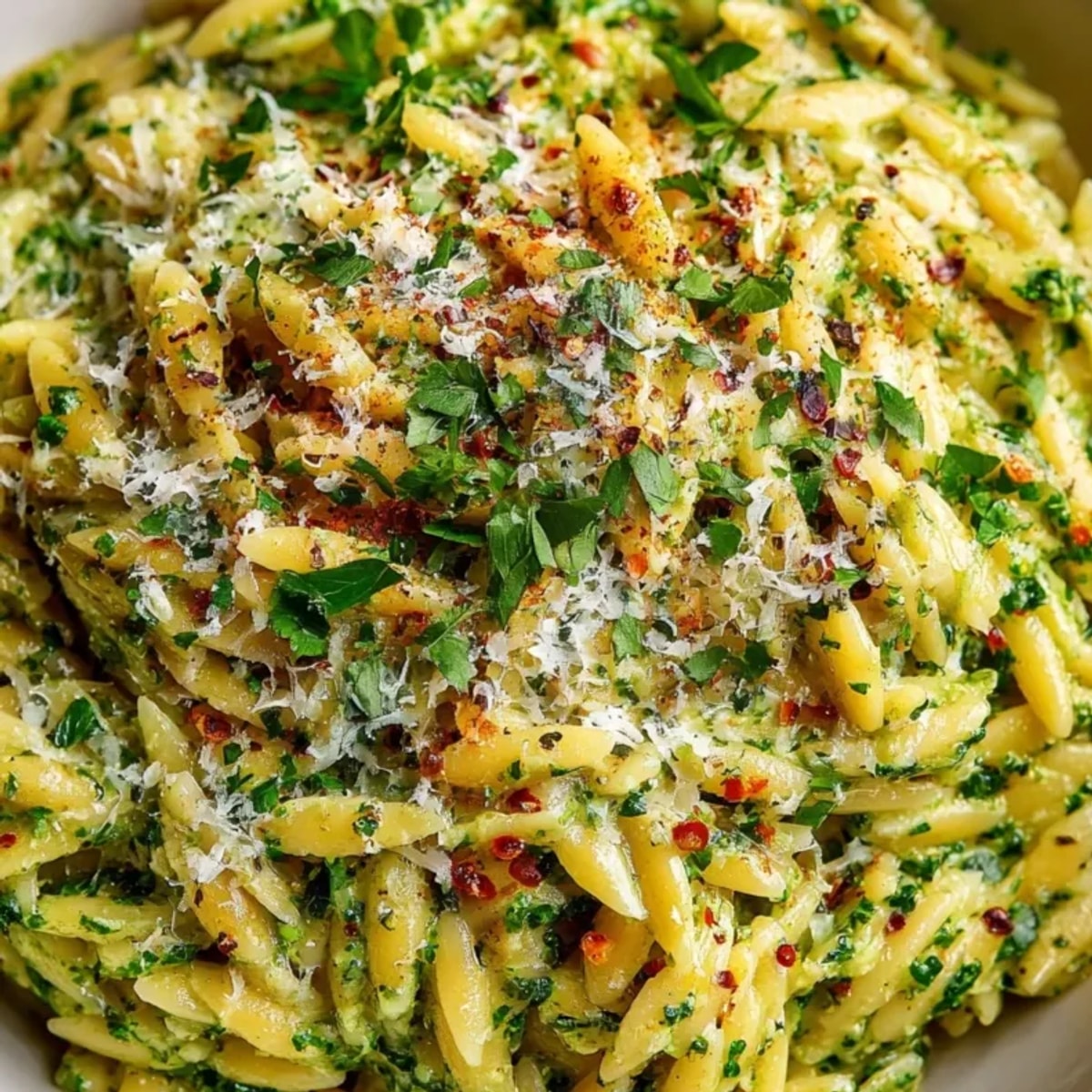 Creamy Spinach Pesto Orzo: a close-up showing al dente pasta glistening in vibrant green sauce.