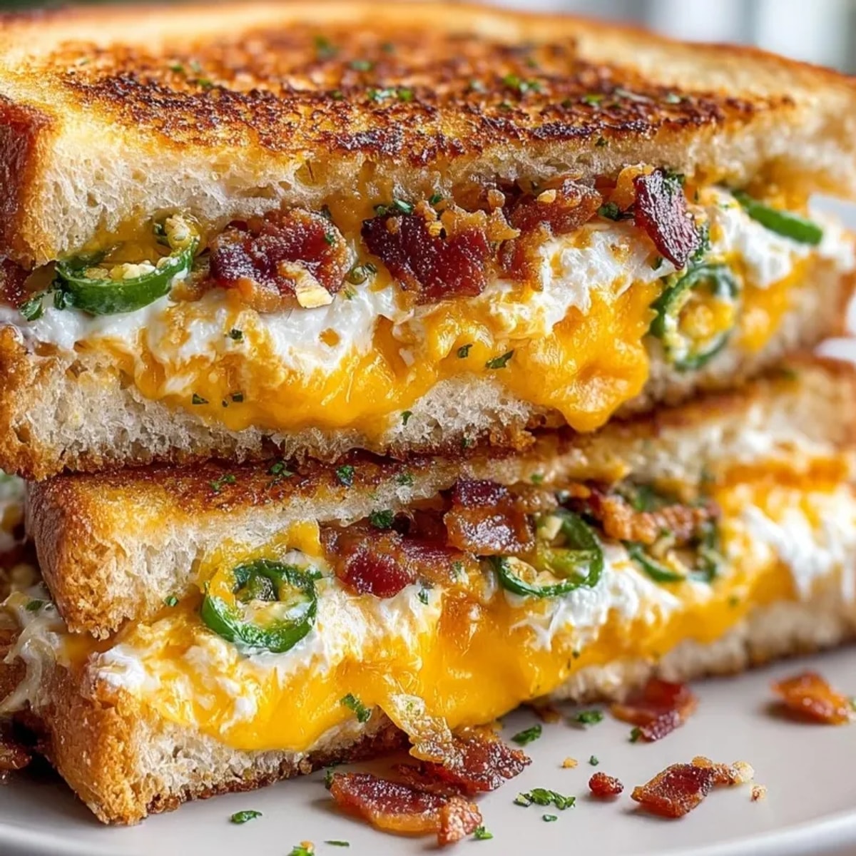 Melty Jalapeño Popper Grilled Cheese sandwich with crispy bacon; sourdough bread, golden brown.