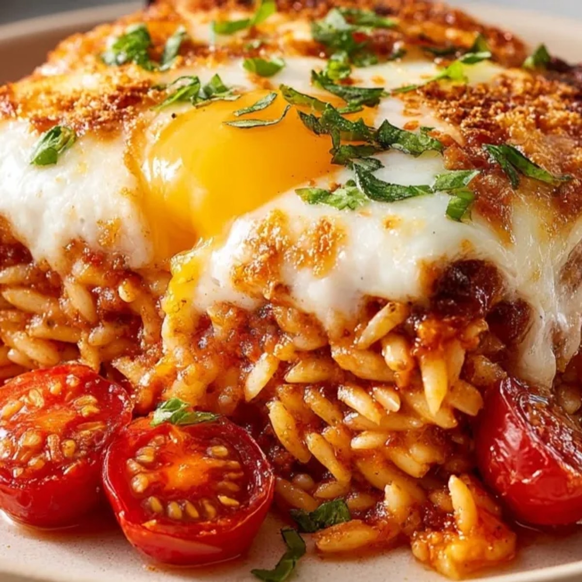 Golden, bubbling tomato basil baked orzo casserole, ready from the oven, sprinkled with herbs.