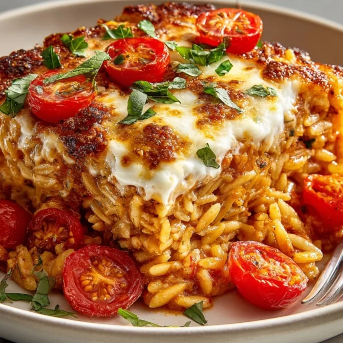 Close-up of tomato basil baked orzo; creamy cheese melts over tender pasta and bright tomatoes.