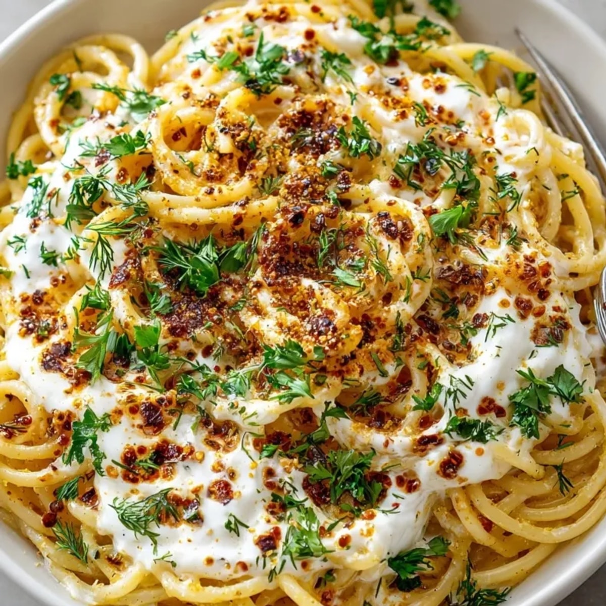 Creamy Turkish Yogurt Pasta with Paprika Butter, a comforting bowl with herby garnish.