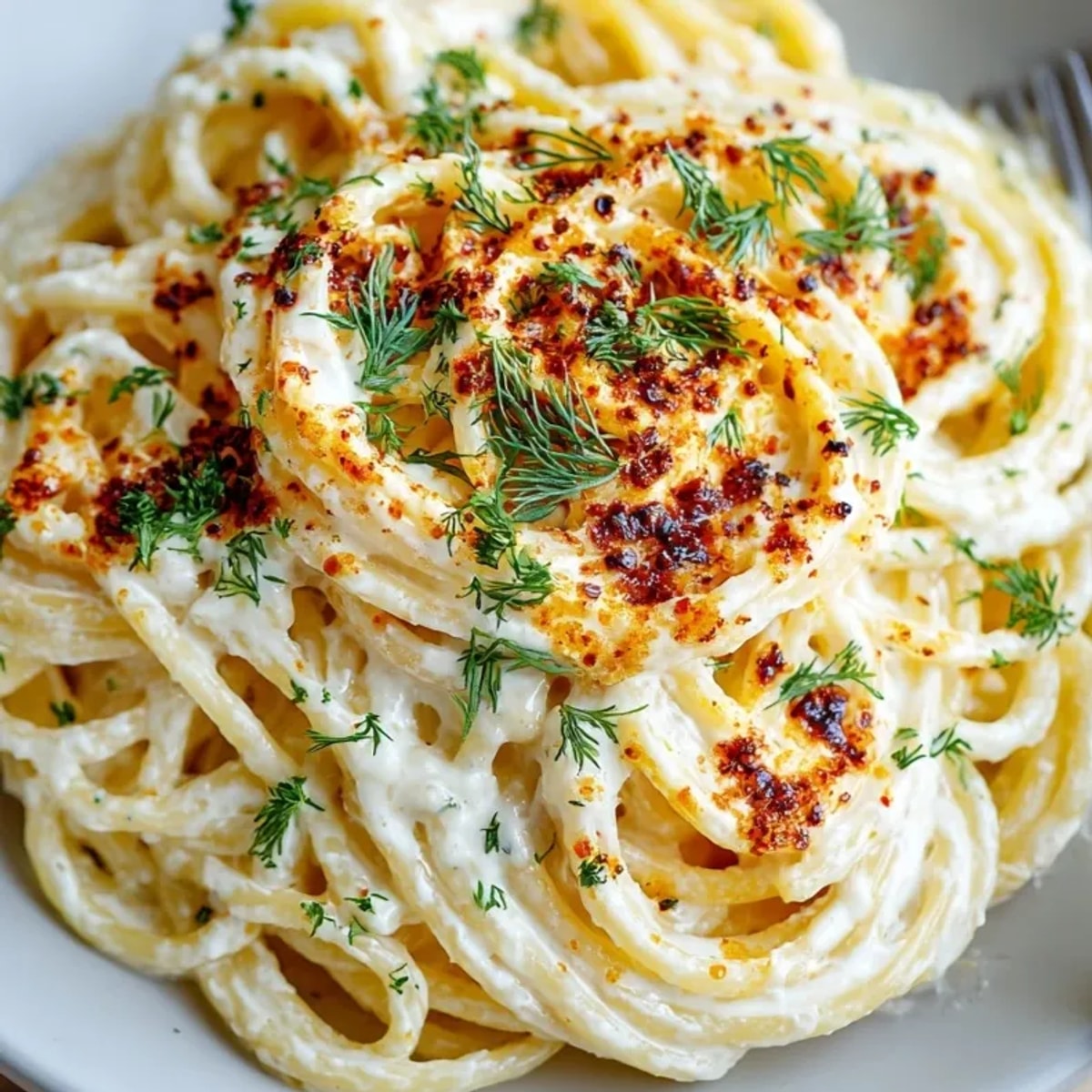 Turkish Yogurt Pasta: Golden noodles coated in garlic yogurt sauce splashed with paprika butter.