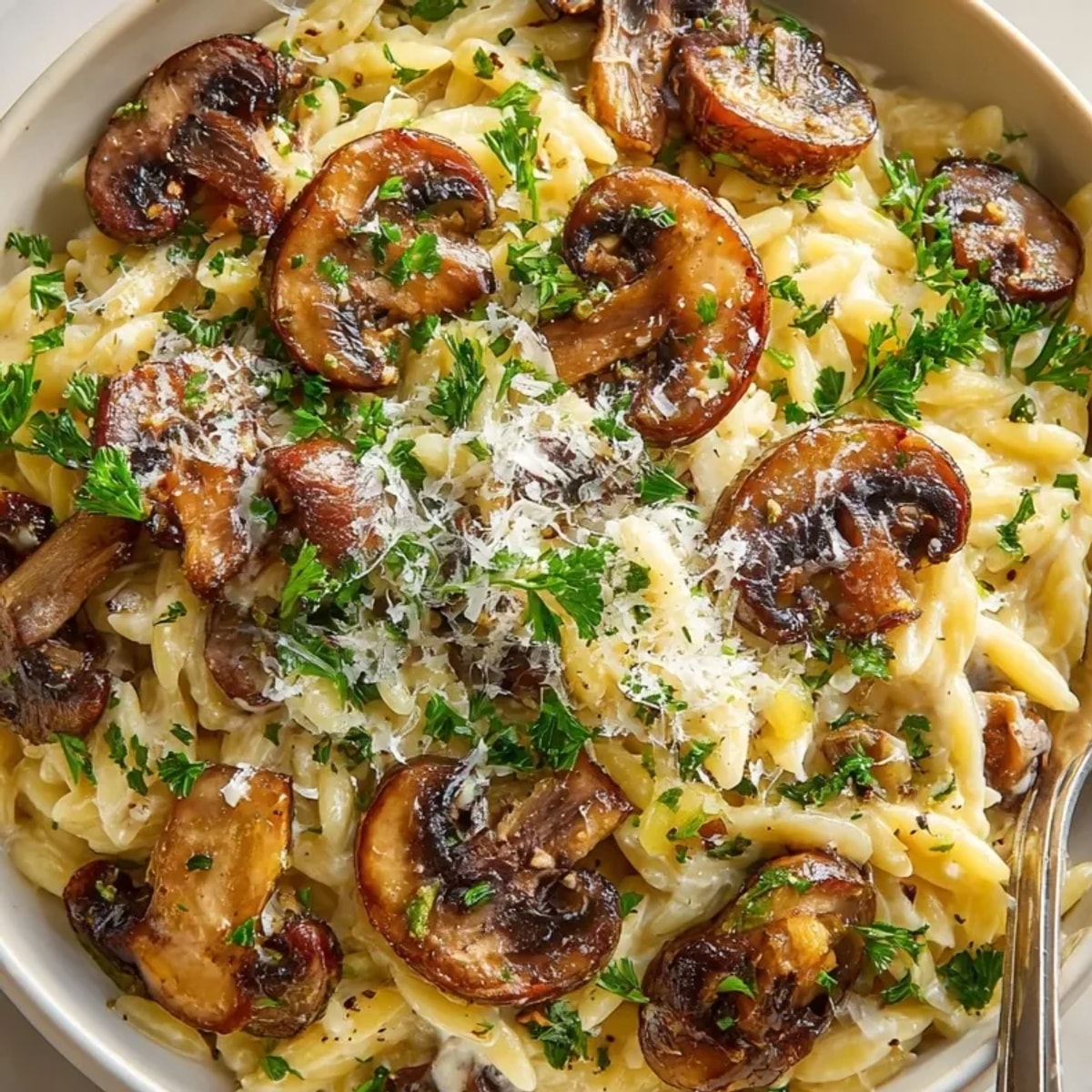 Creamy Mushroom Orzo Skillet: A comforting visual of pasta, herbs, and creamy sauce.
