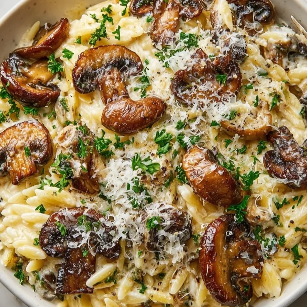 Savor a Creamy Mushroom Orzo Skillet; imagine a rich, savory, vegetarian weeknight dinner.