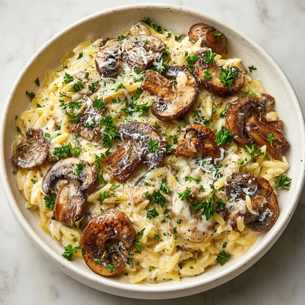 One-pan Creamy Mushroom Orzo Skillet, garnished with parsley, ready to indulge in.