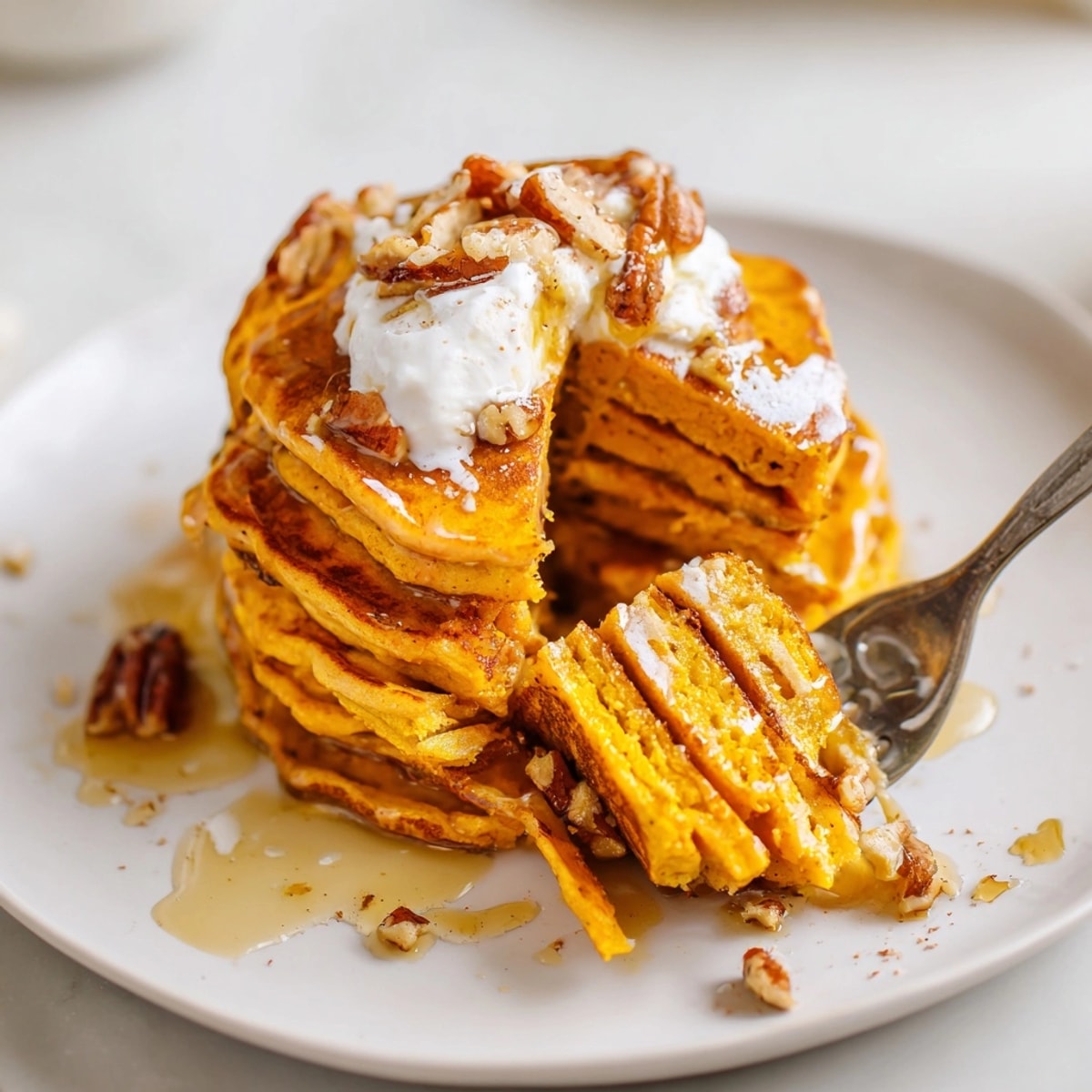 Stack of fluffy Pumpkin Ricotta Pancakes drizzled with maple syrup, ready to enjoy.