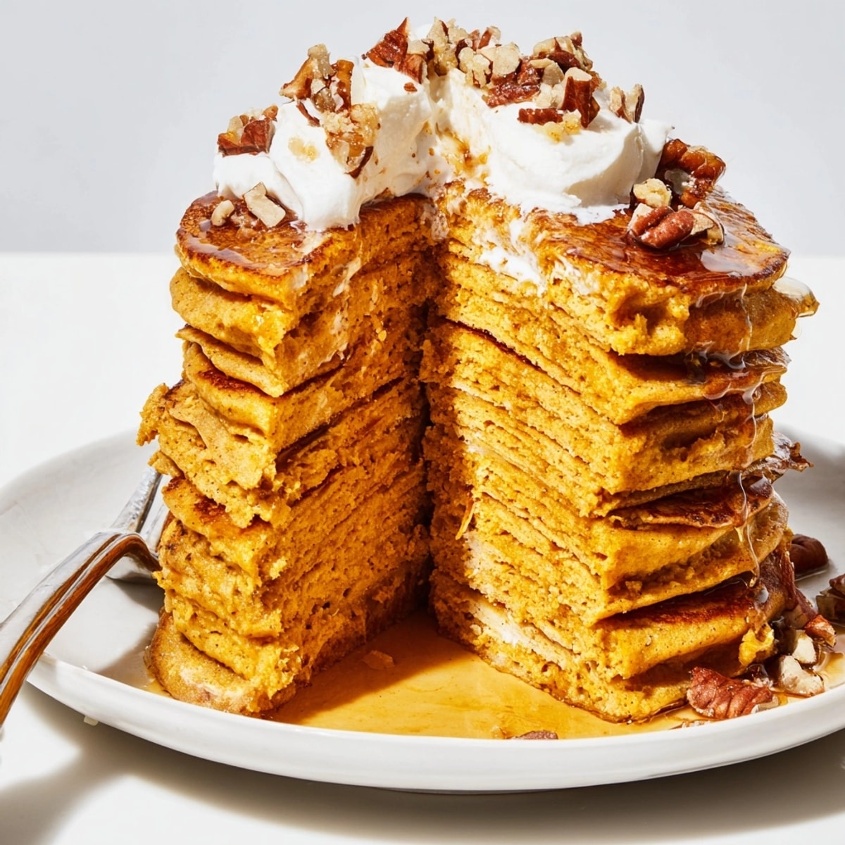 Homemade Fluffy Pumpkin Ricotta Pancakes, a colorful breakfast with pecans and a dollop of cream.