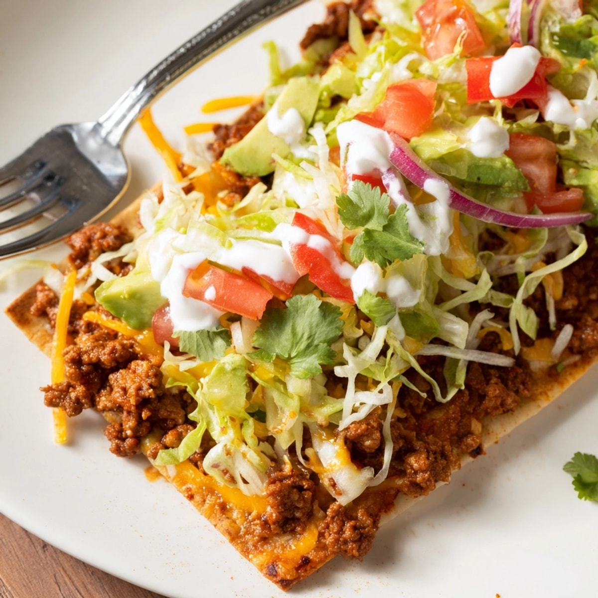 Overhead shot of a sizzling, cheesy spicy turkey taco flatbread ready to serve.