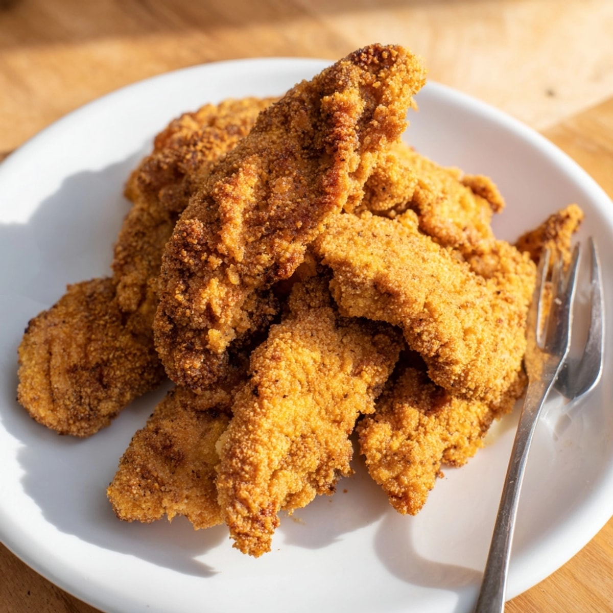 Golden brown Pickle-Brined Chicken Tenders, crispy panko crust, served hot for a delicious meal.