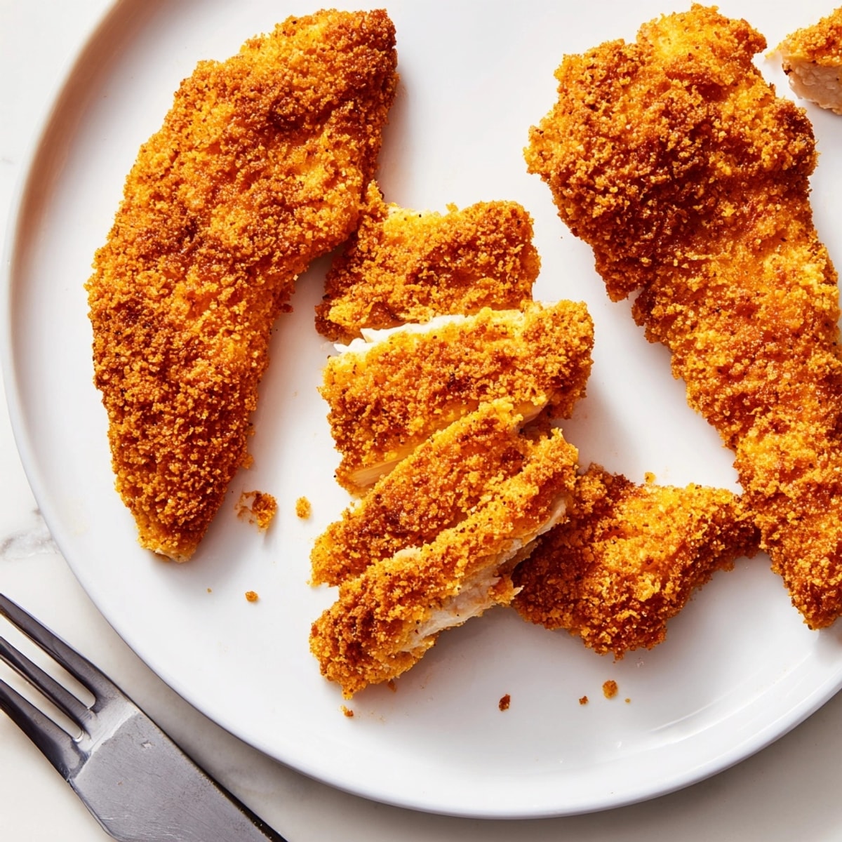 Oven-baked Pickle-Brined Chicken Tenders: juicy, tangy, perfectly coated, ready for dipping.