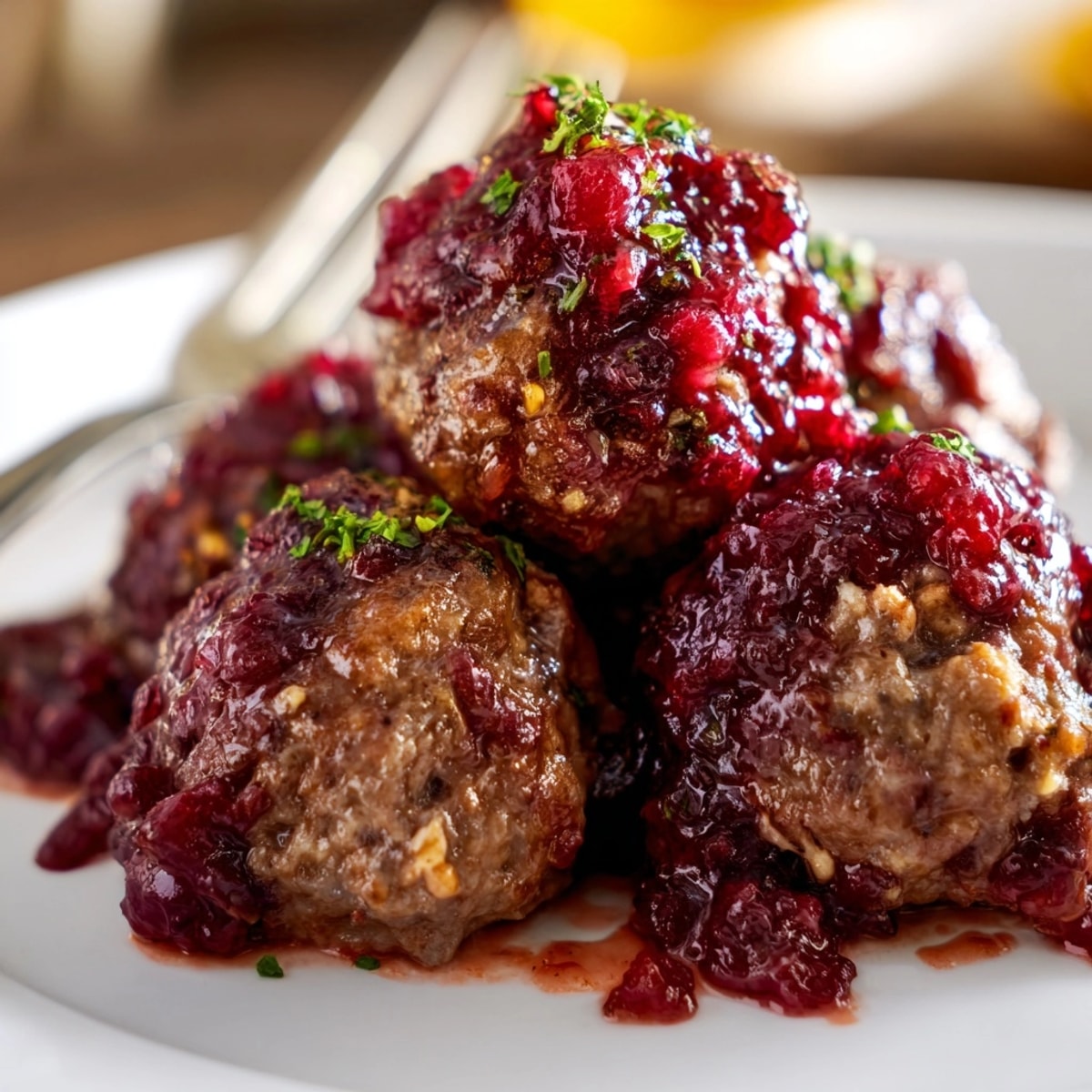 Close-up of glazed Sweet & Savory Cranberry Meatballs, fragrant steam rising, ready to serve.