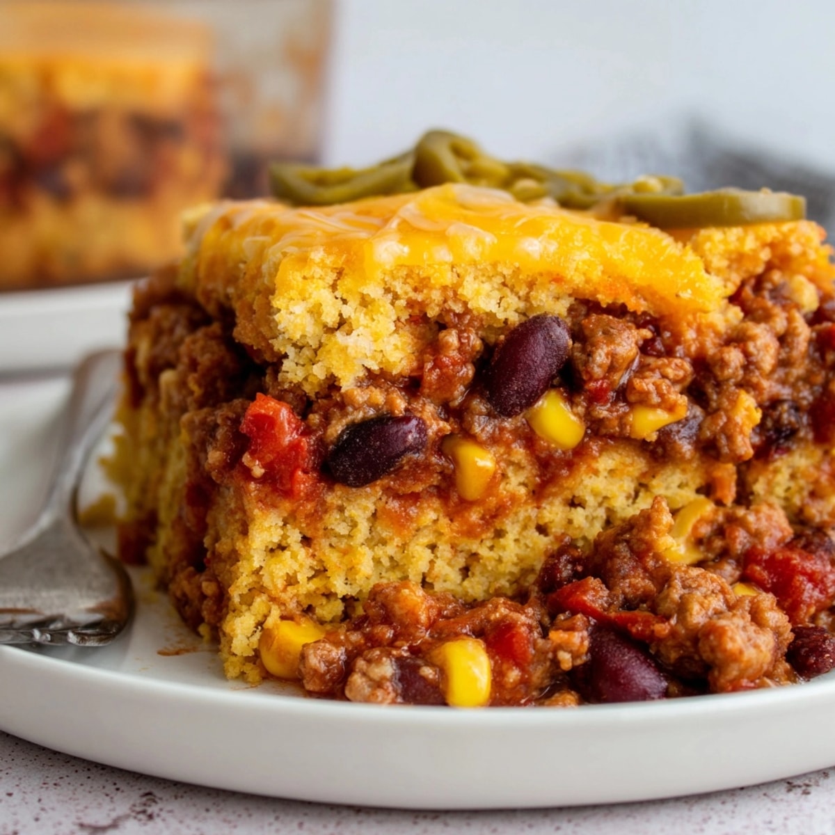 Golden and cheesy, the Chili Cheese Cornbread Bake bubbles in a 9x13 casserole dish.