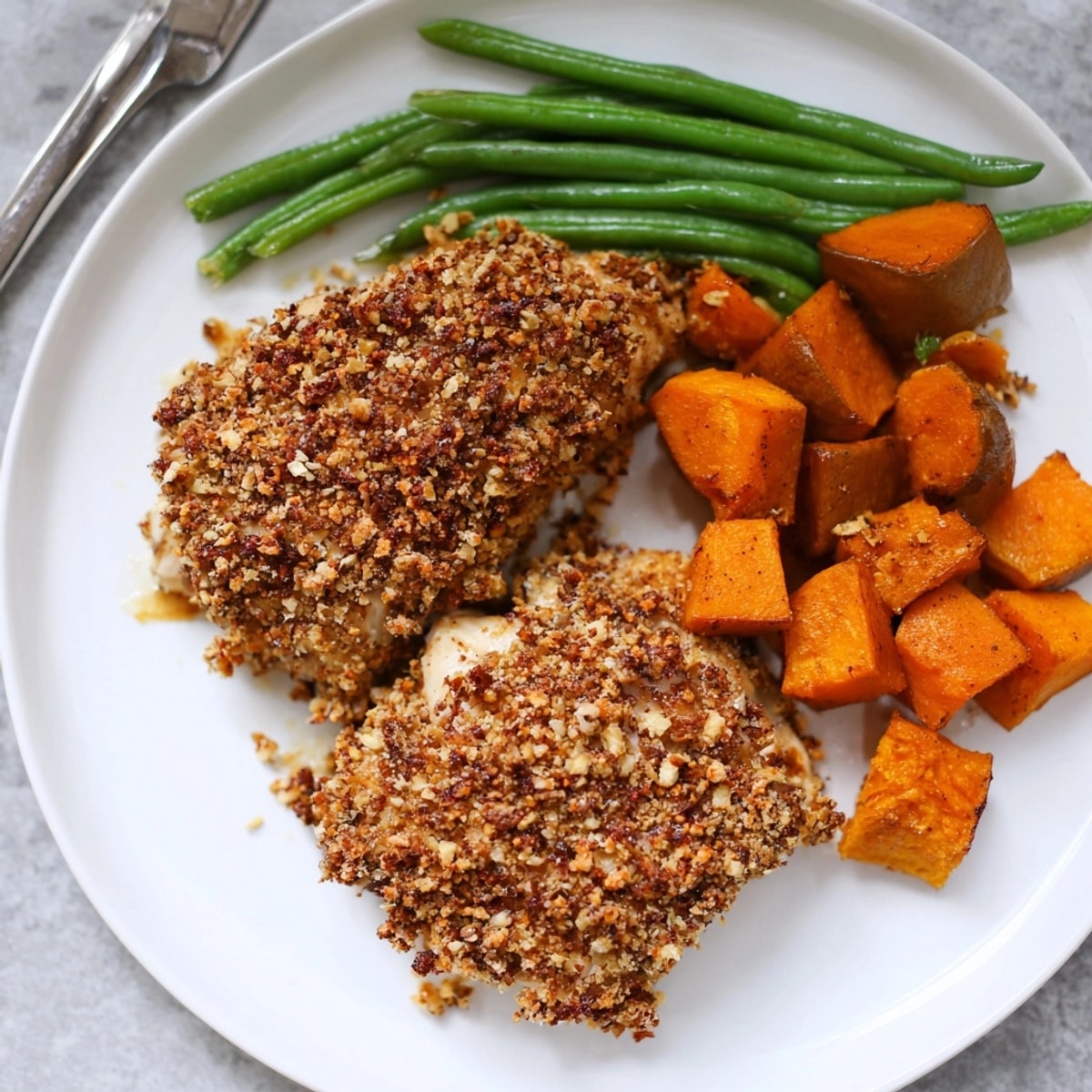 Golden Sheet Pan Pecan Chicken, a comforting blend of savory, nutty flavors.