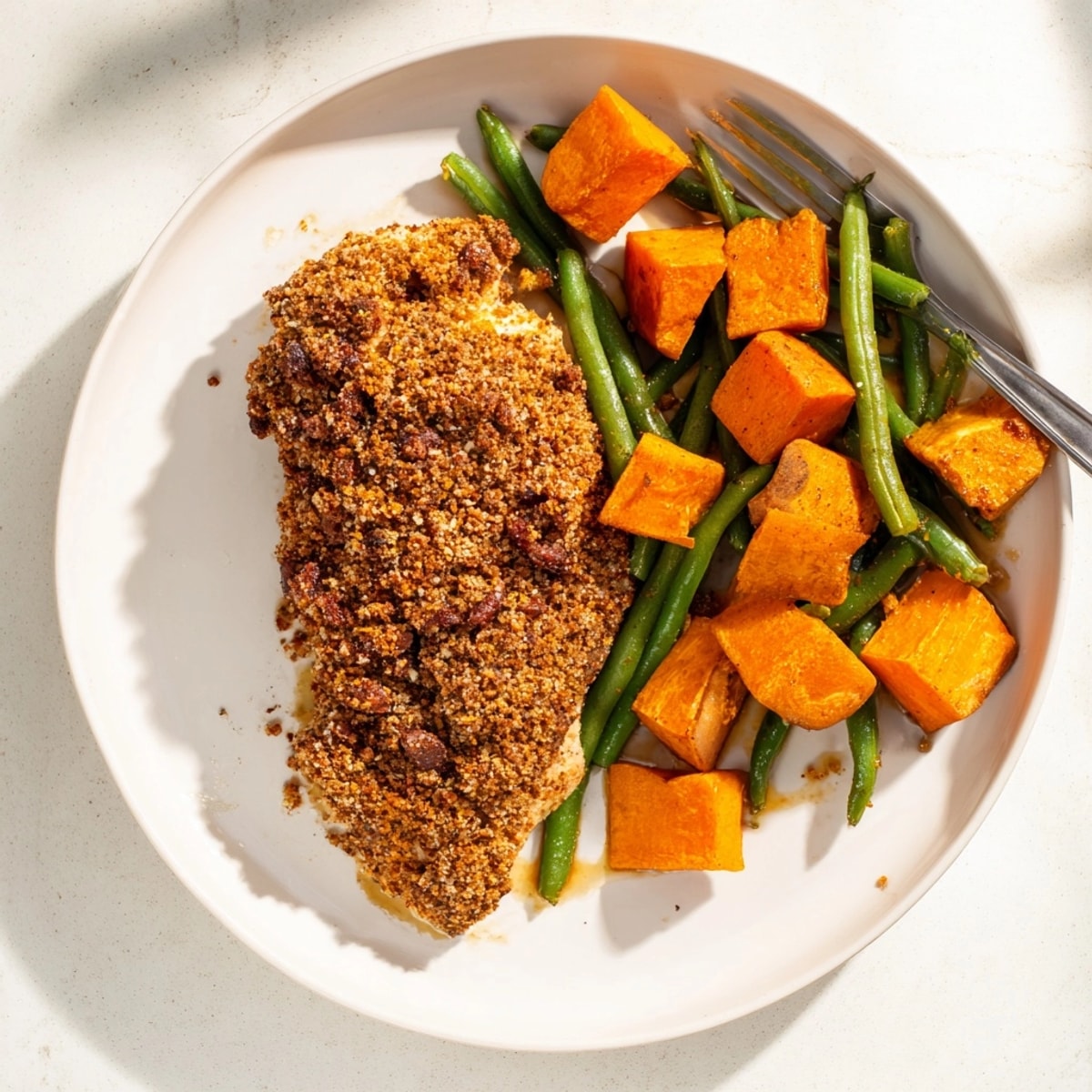 Baked Sheet Pan Pecan Chicken with tender sweet potatoes creates a satisfying weeknight dinner.