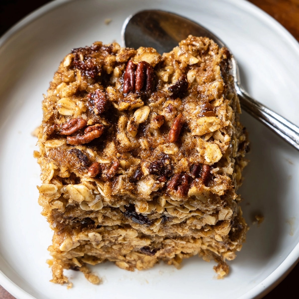 Golden-brown Cinnamon Swirl Baked Oatmeal, a comforting breakfast casserole with gooey swirl visible.
