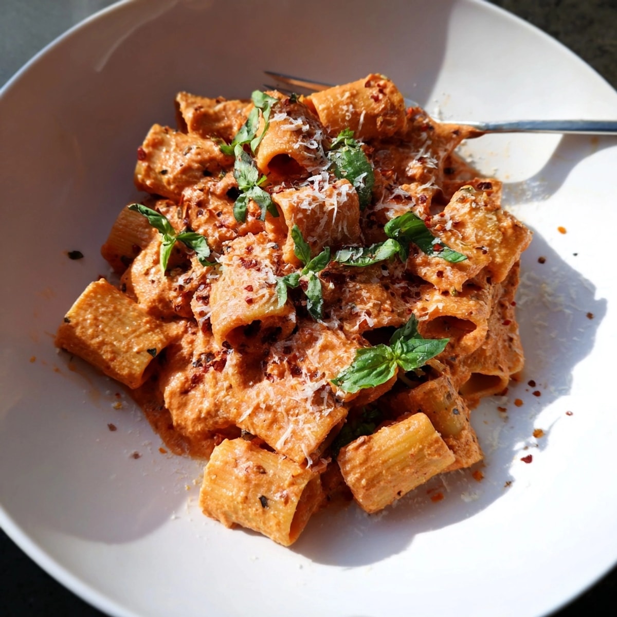 Creamy Spicy Vodka Pasta Express: Twirled noodles coated in rich, red-pepper flecked tomato sauce.