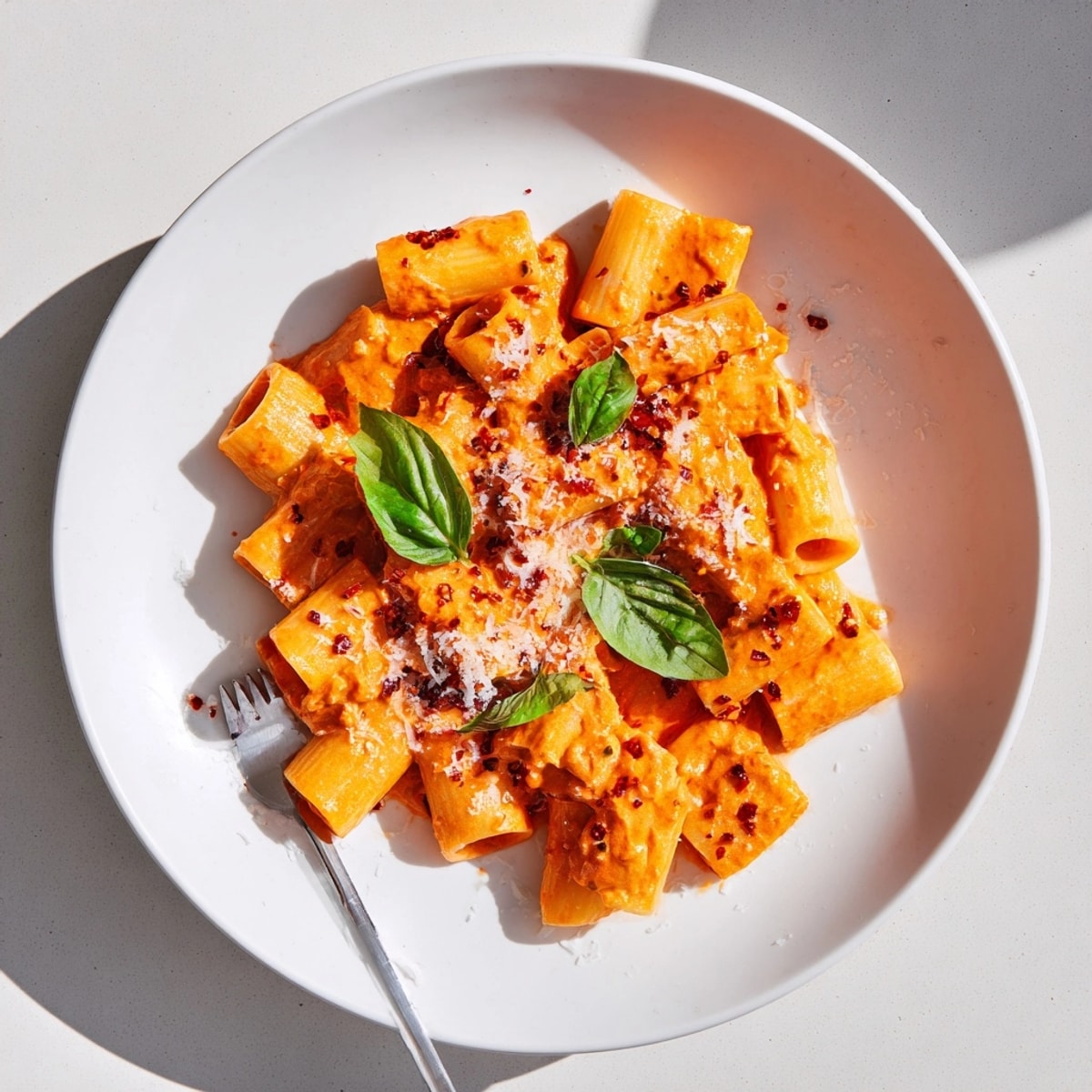 Homemade Spicy Vodka Pasta Express glistens, garnished with fresh basil and grated parmesan.