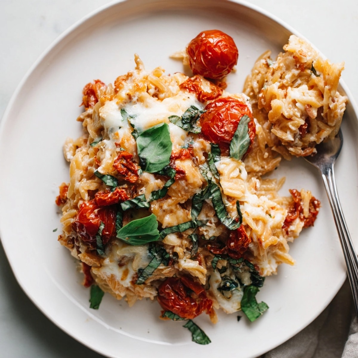 Close-up of golden Sun-Dried Tomato Orzo Bake bubbling in a 9x13 baking dish.