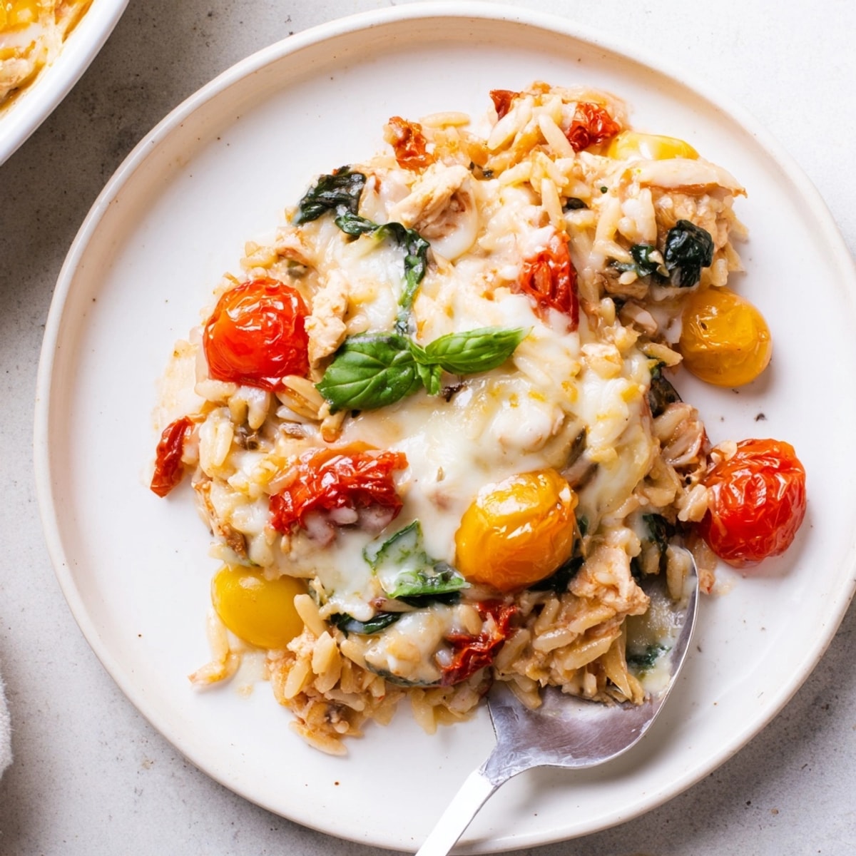 Warm, savory Sun-Dried Tomato Orzo Bake: creamy baked pasta with bright Mediterranean flavors.