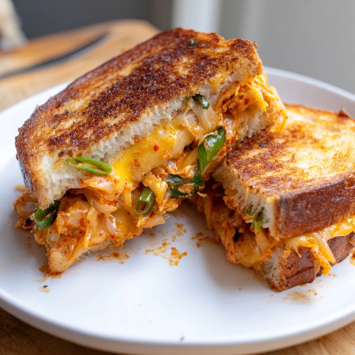Golden kimchi grilled cheese fusion: gooey cheese pull, crisp bread, ready to eat.