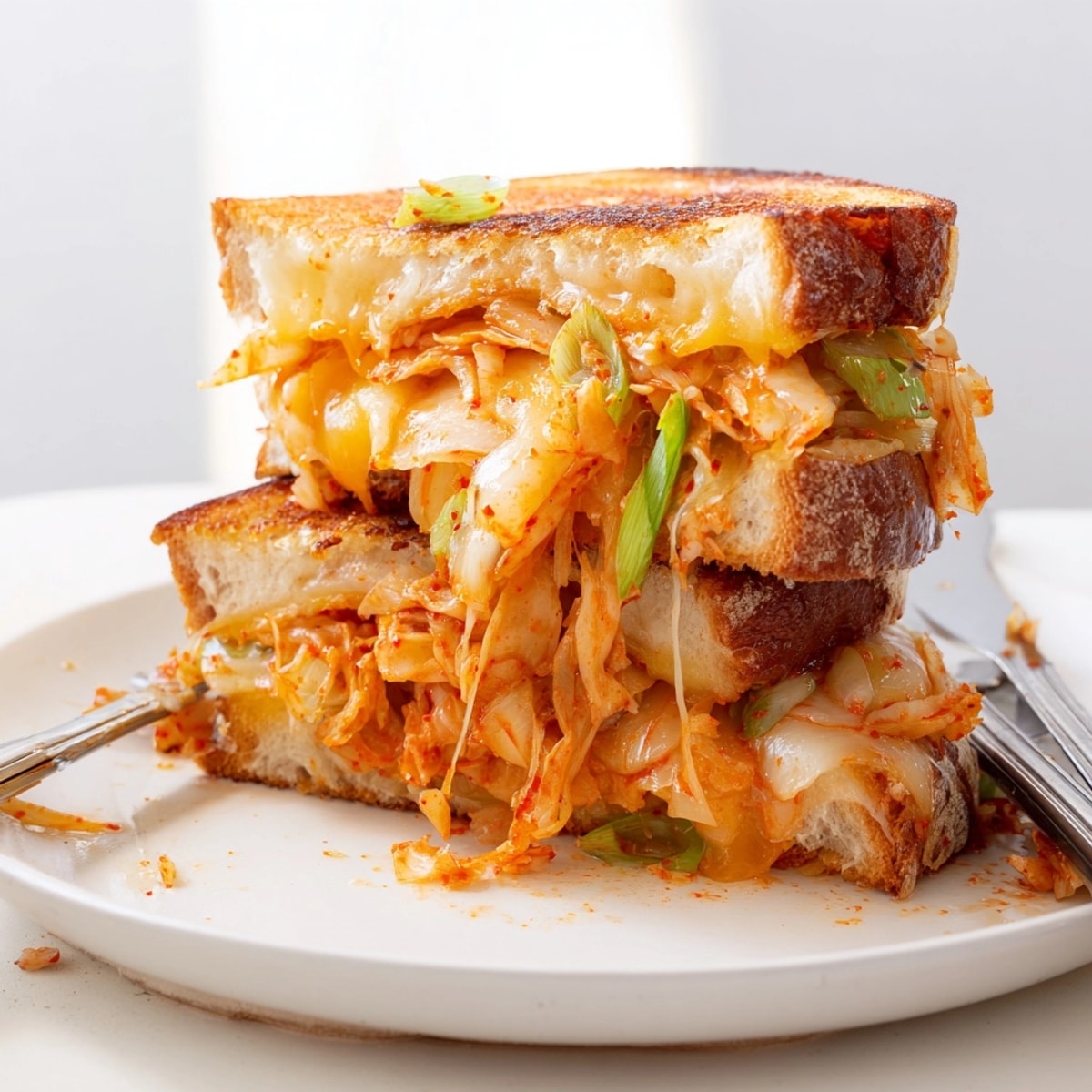 Buttery kimchi grilled cheese fusion sizzling in a pan, cheese bubbling, scallions garnish.