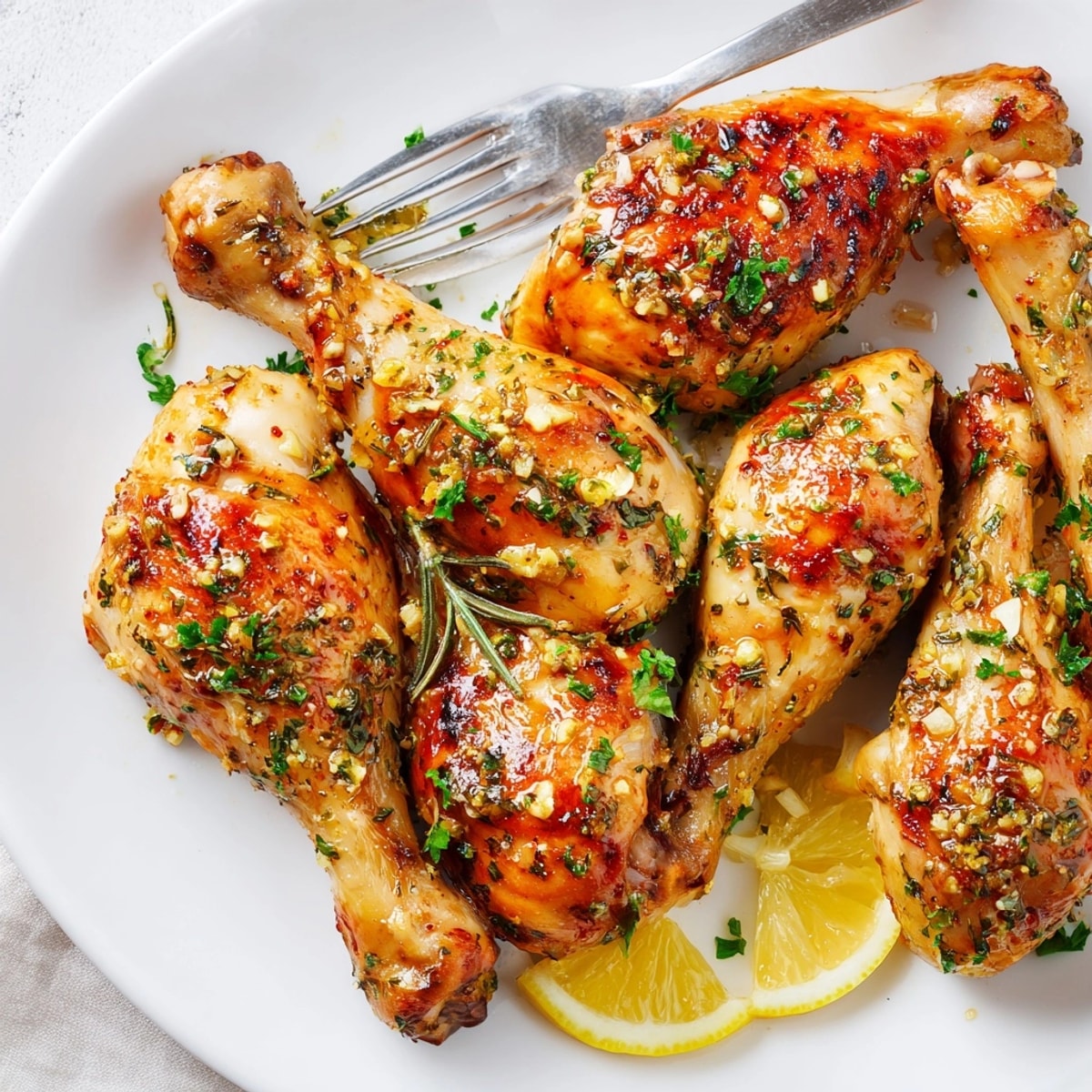 Close up of crispy, golden Garlic Herb Roasted Chicken Drumsticks fresh from the oven.