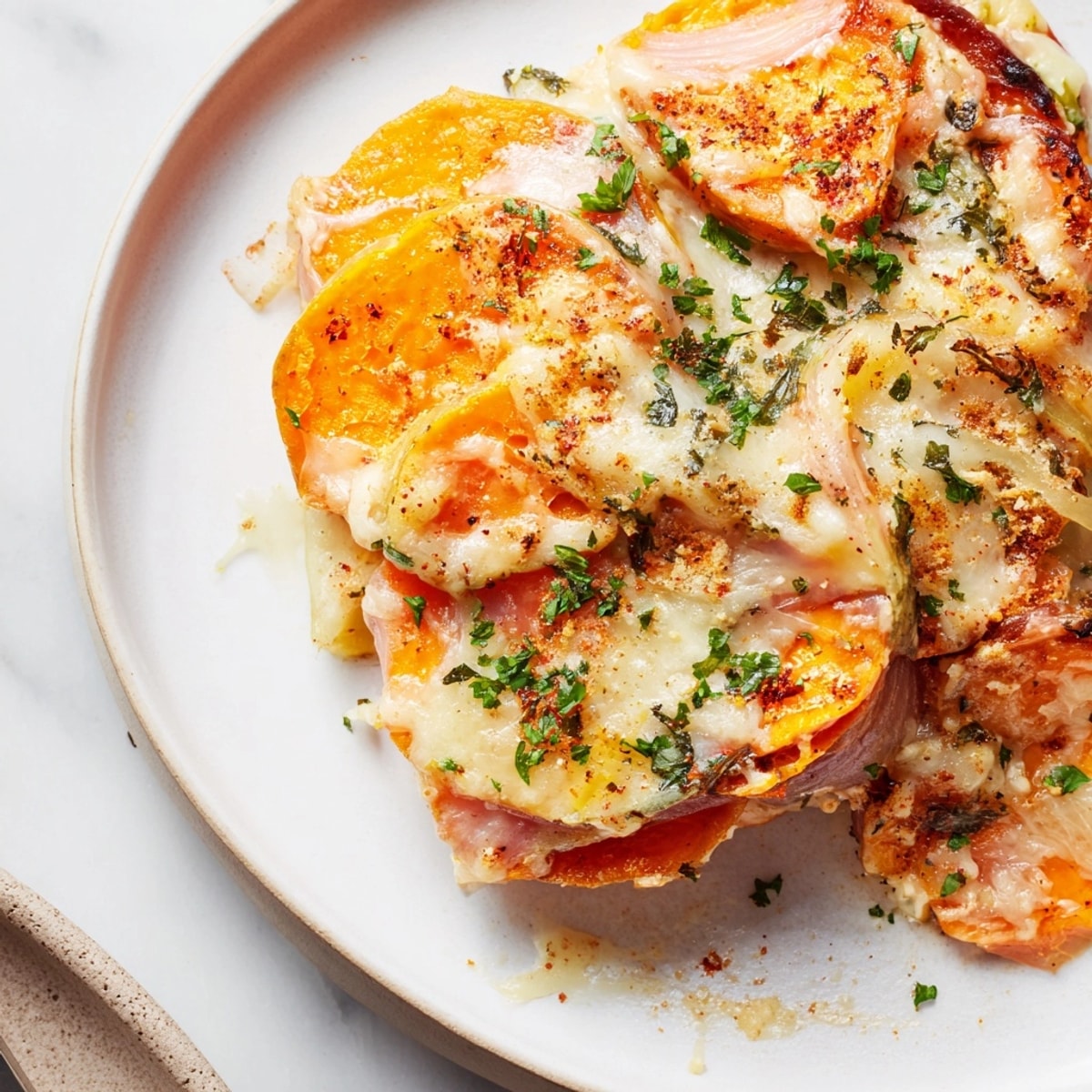 Warm and comforting, this Cajun Sweet Potato Gratin recipe shines, ready to serve.