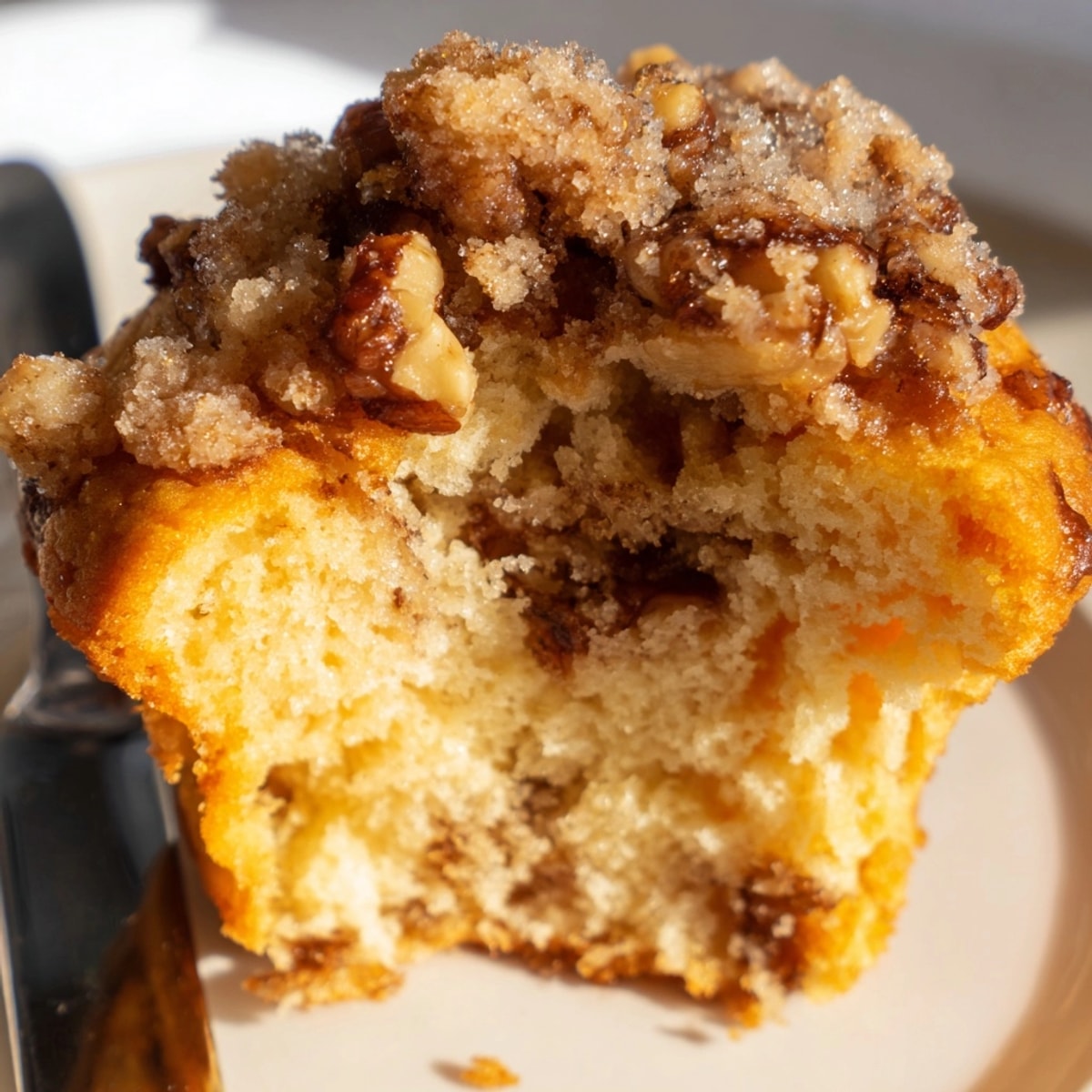 Freshly baked Ricotta Walnut Crunch Muffins, golden brown and sprinkled with coarse sugar.