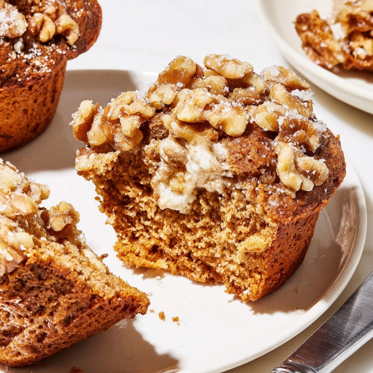 Close-up of a split Ricotta Walnut Crunch Muffin revealing the moist, nutty texture.