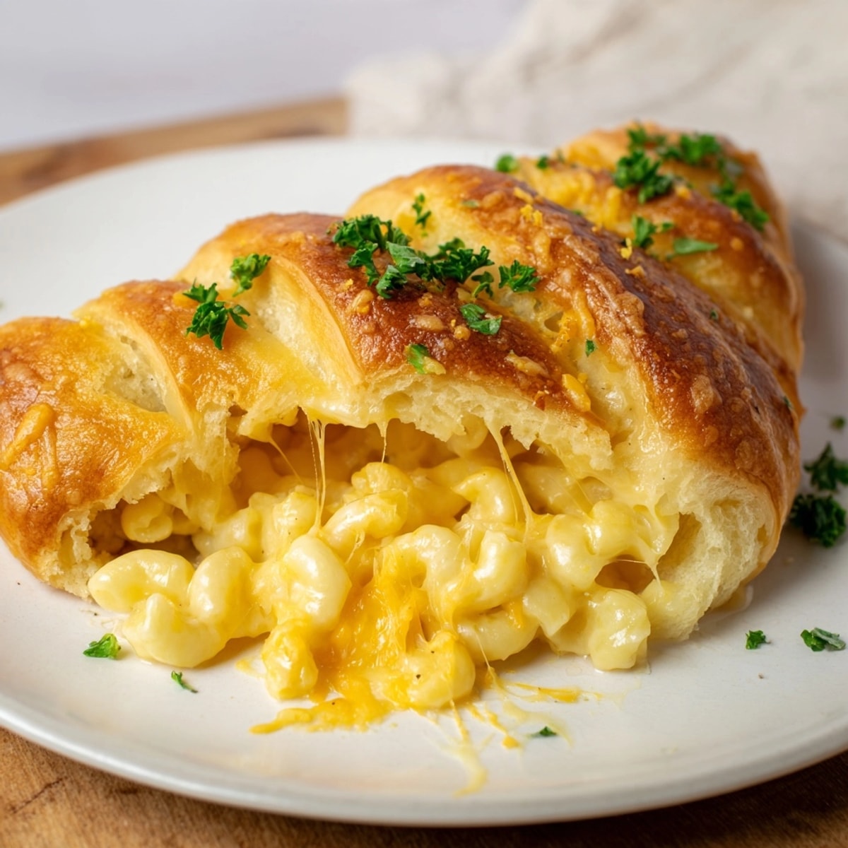 Creamy Mac and Cheese Stuffed Crescent Rings, a fun appetizer, bubbling and ready to slice.