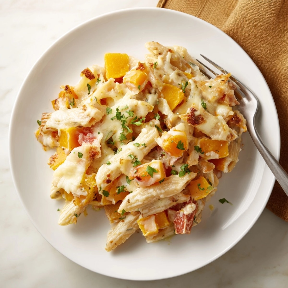 Golden Alfredo Butternut Squash Pasta Bake, bubbly cheese top, served steaming from oven.