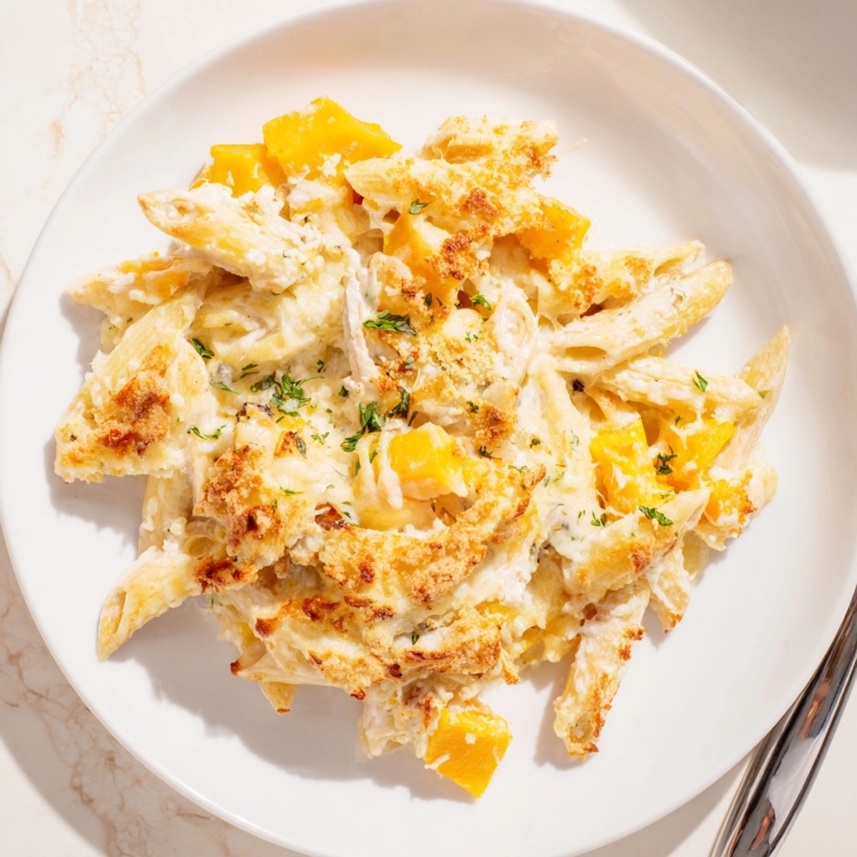 Homemade Alfredo Butternut Squash Pasta Bake ready to serve; cheesy, cozy, and delicious.