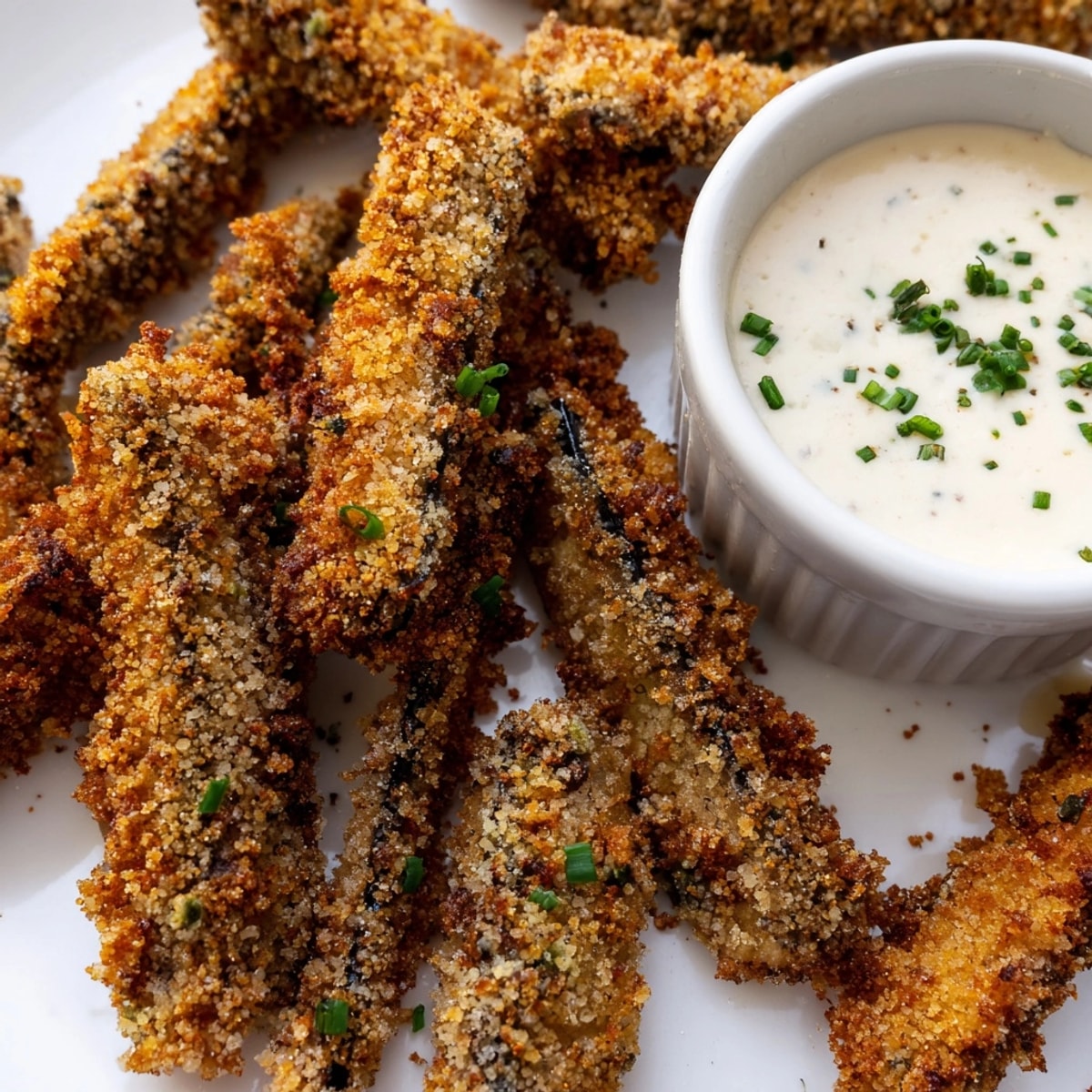 Golden Cajun Eggplant Fries with Ranch Dip: hot, seasoned sticks served with creamy coolness.