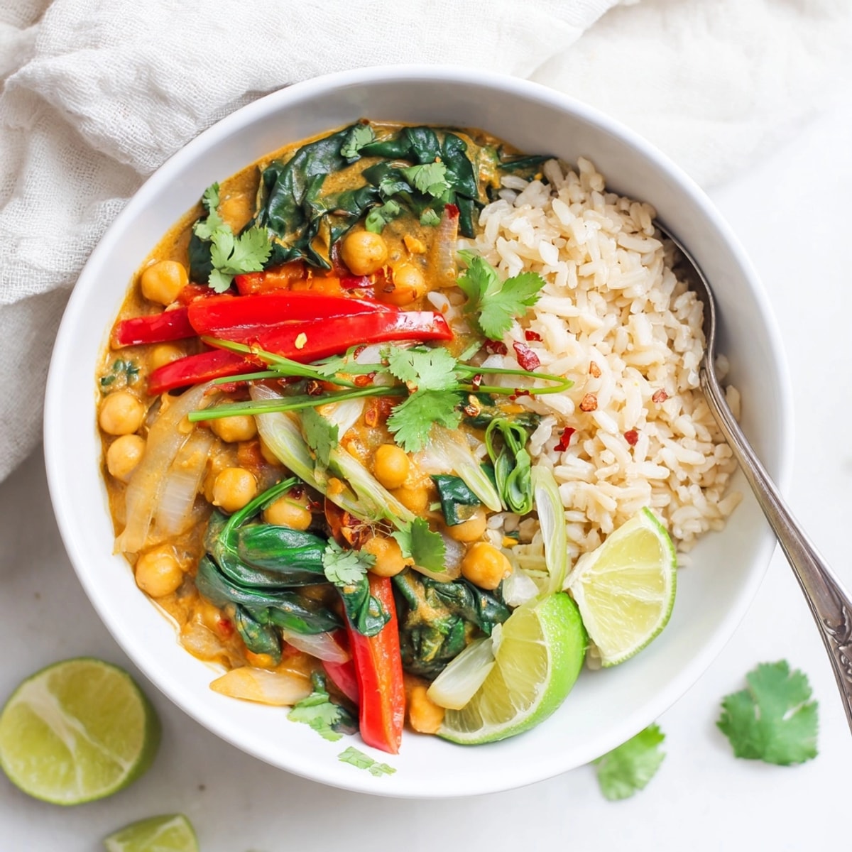 Easy vegan Thai Red Curry Chickpea Bowls, ready in under 45 minutes, garnished beautifully.