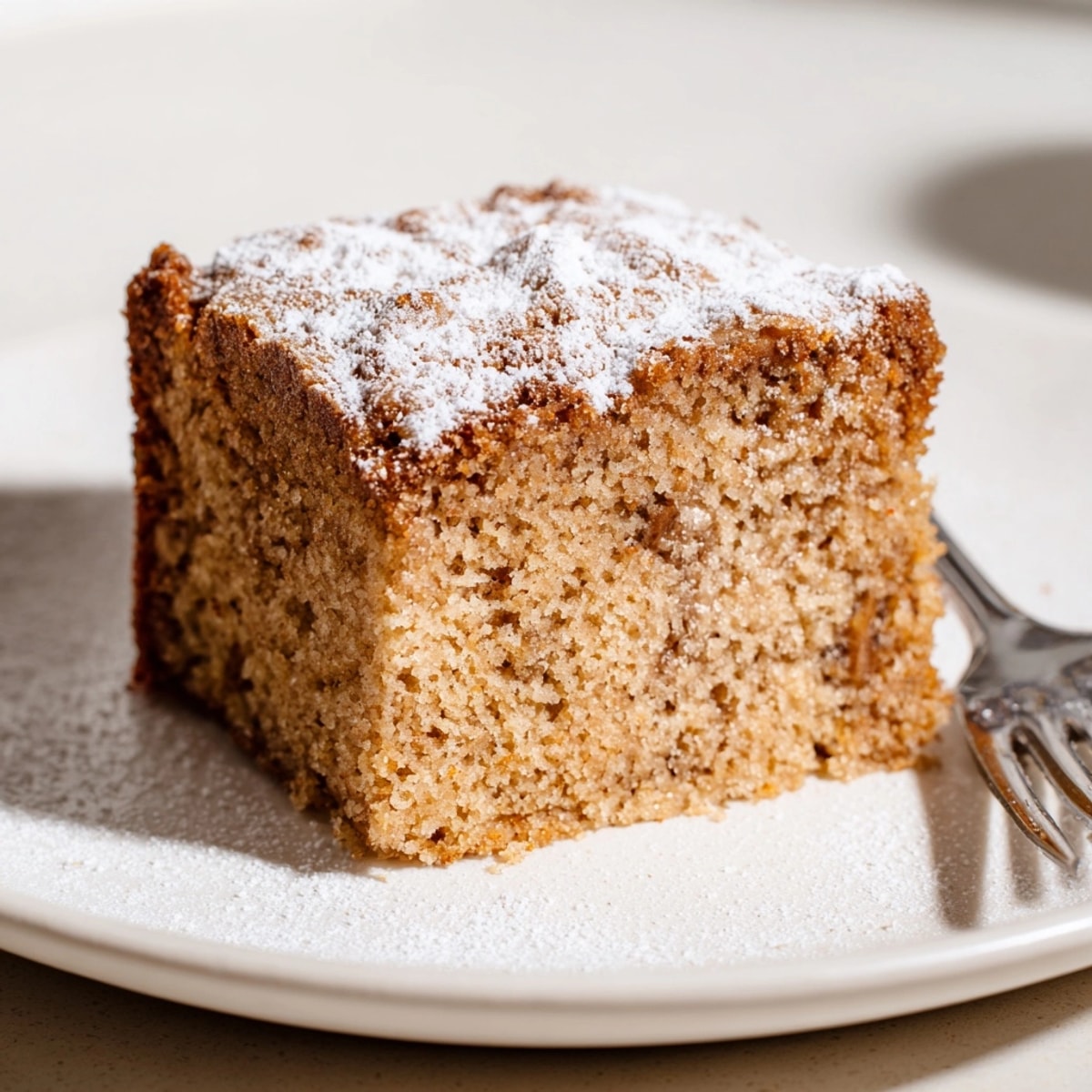 Golden Cinnamon Gingerbread Snack Cake, warm from the oven, dusted with powdered sugar.