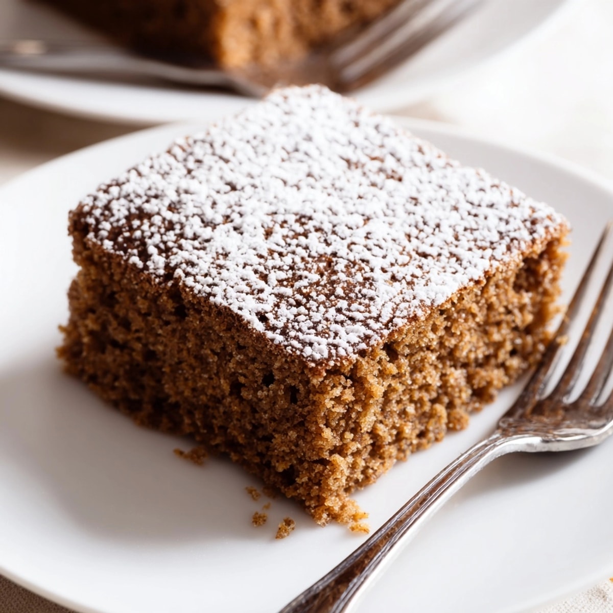 Close-up of a slice of Cinnamon Gingerbread Snack Cake, ready to be served with coffee.