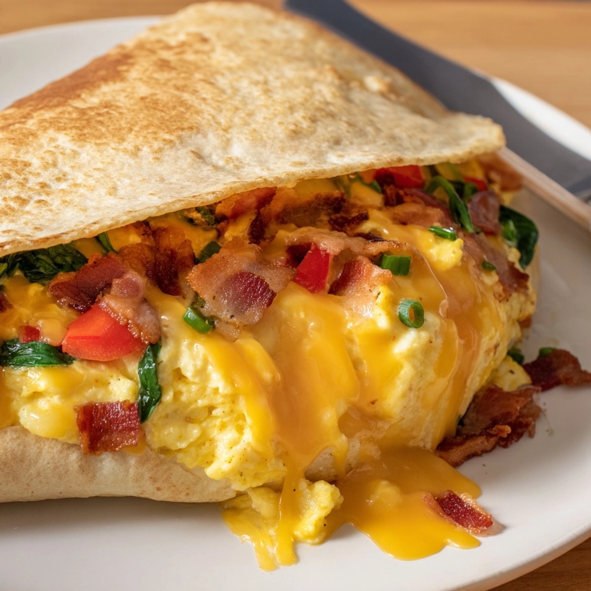 Crispy Cheesy Stuffed Tortilla Breakfast Pockets – see the cheesy inside filled with goodness.