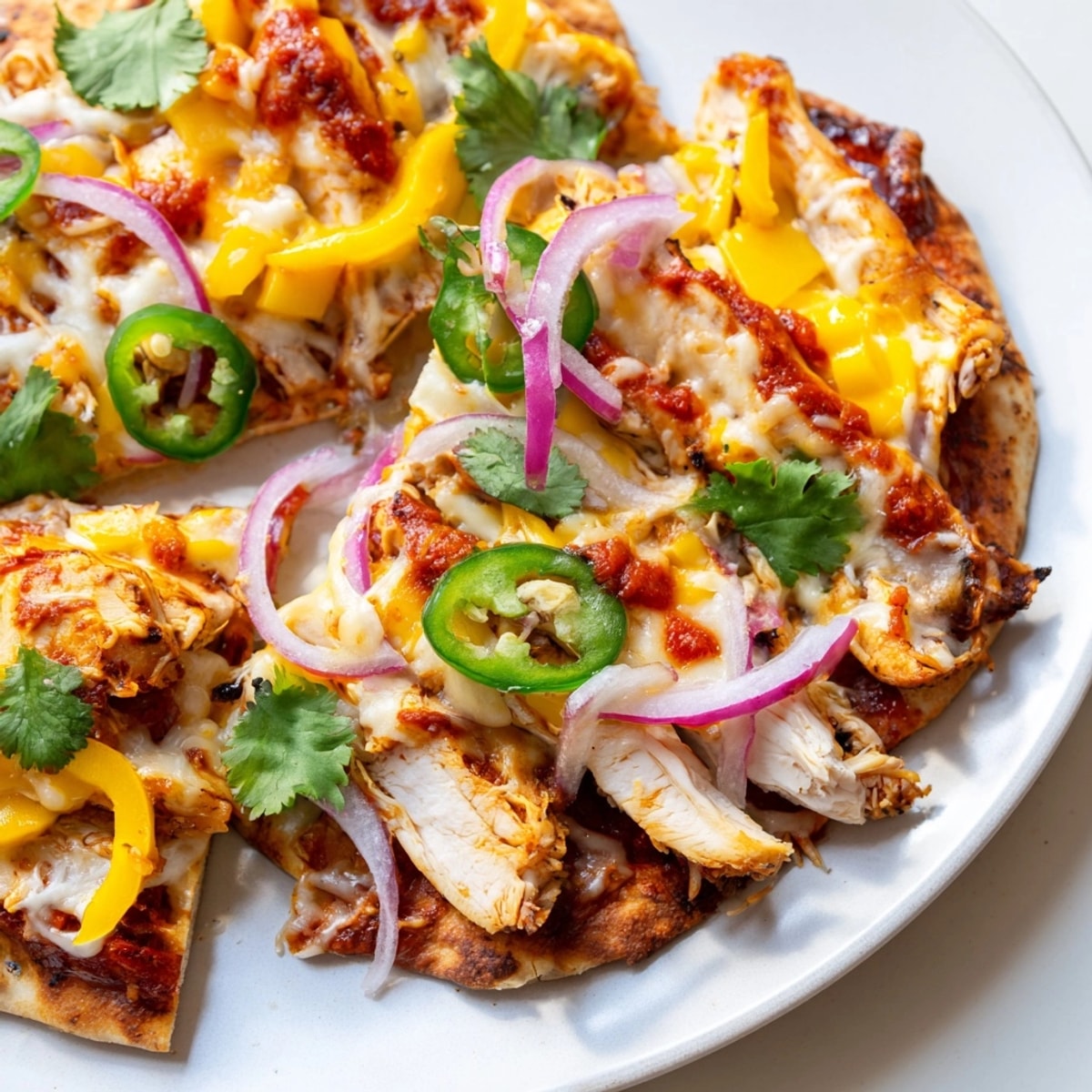 Overhead shot of vibrant Mango BBQ Chicken Flatbread, ready to slice and serve.